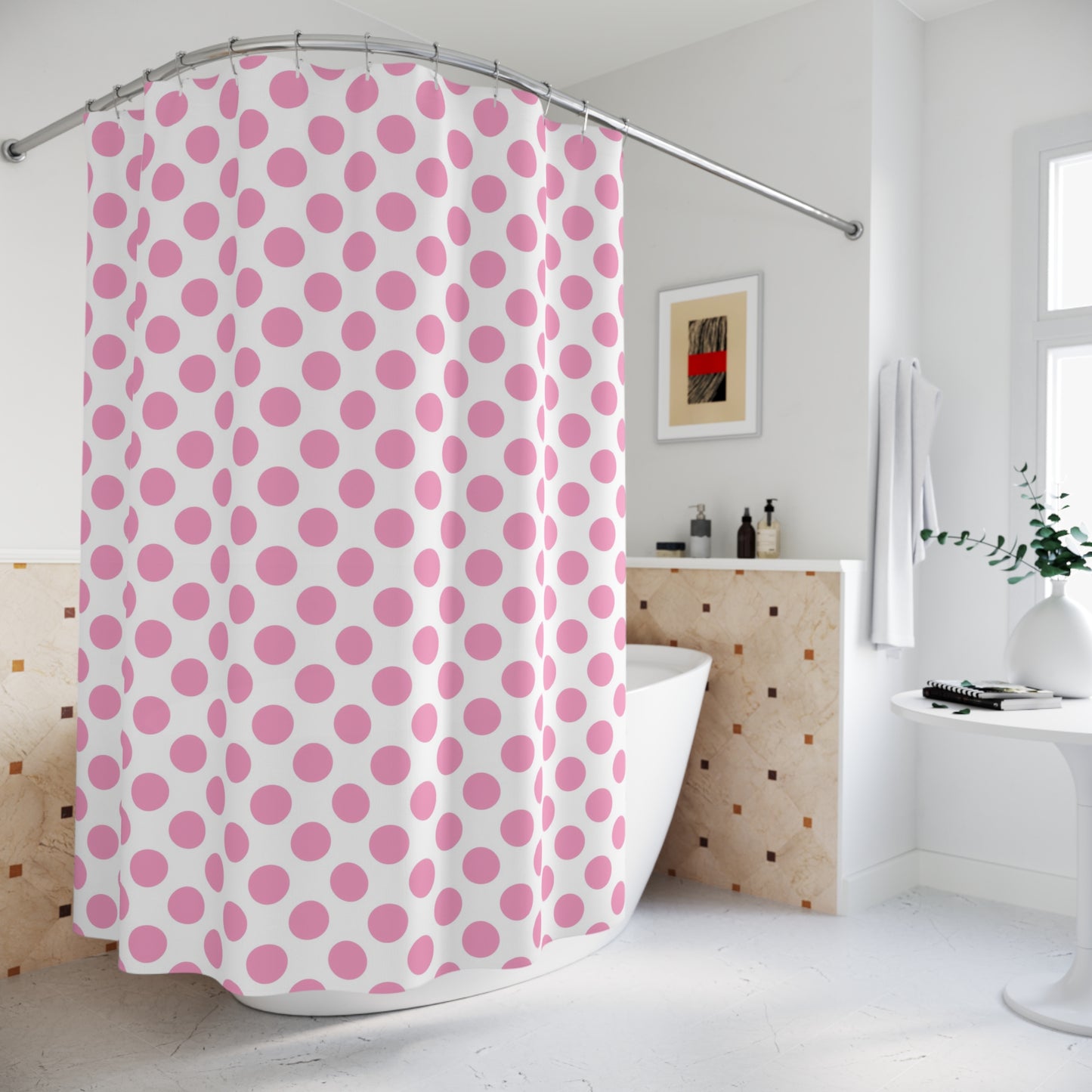 Playful Pink Polka Dot Shower Curtain, Fun Bathroom Decor, Kids Room Accessory, Unique Gift for Her, Modern Bathroom Style, Home Decoration - LOLA VEGAS ART