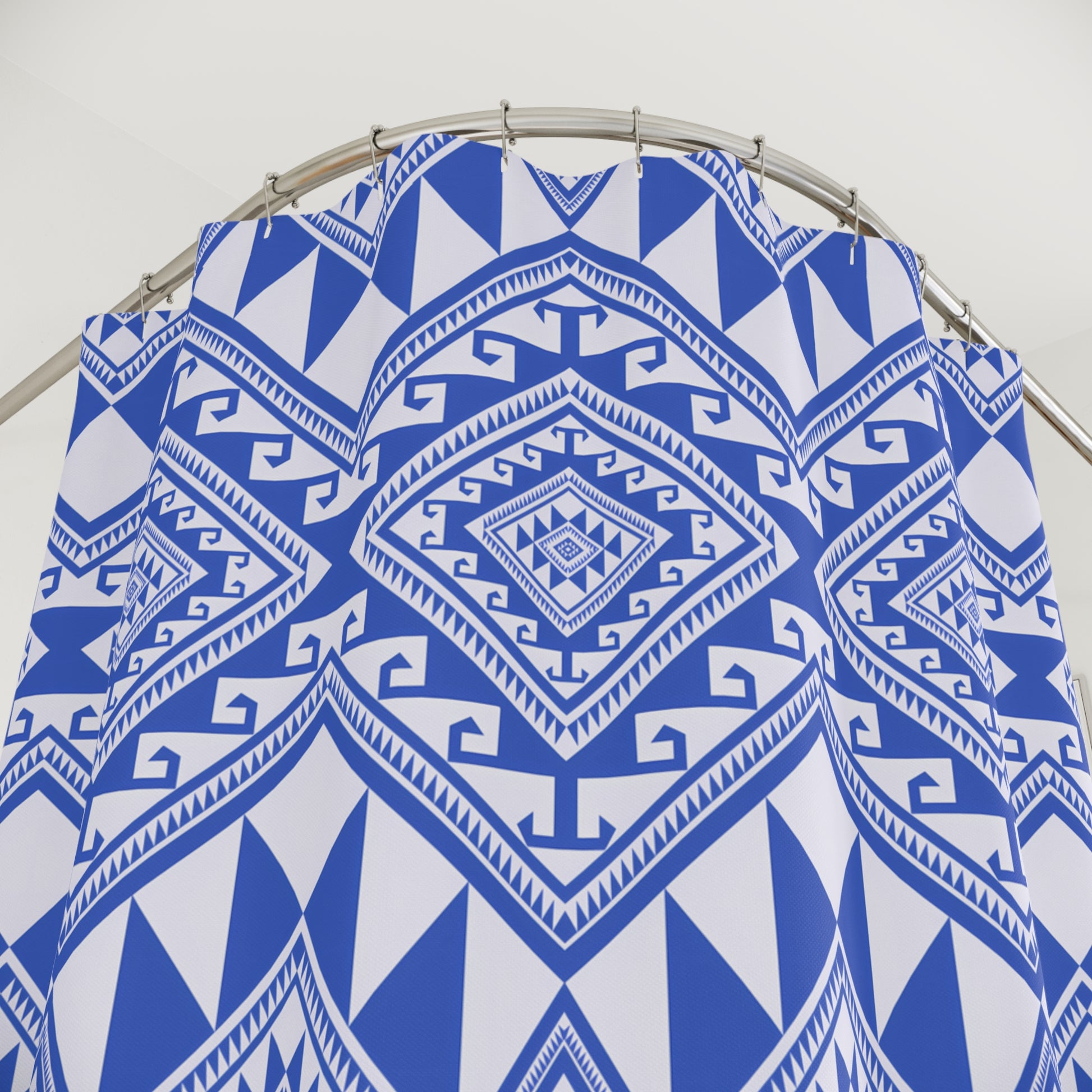 Trendy Geometric Shower Curtain, Modern Bathroom Decor, Boho Chic Home Accessory, Gift for Housewarming, Blue and White Design - LOLA VEGAS ART