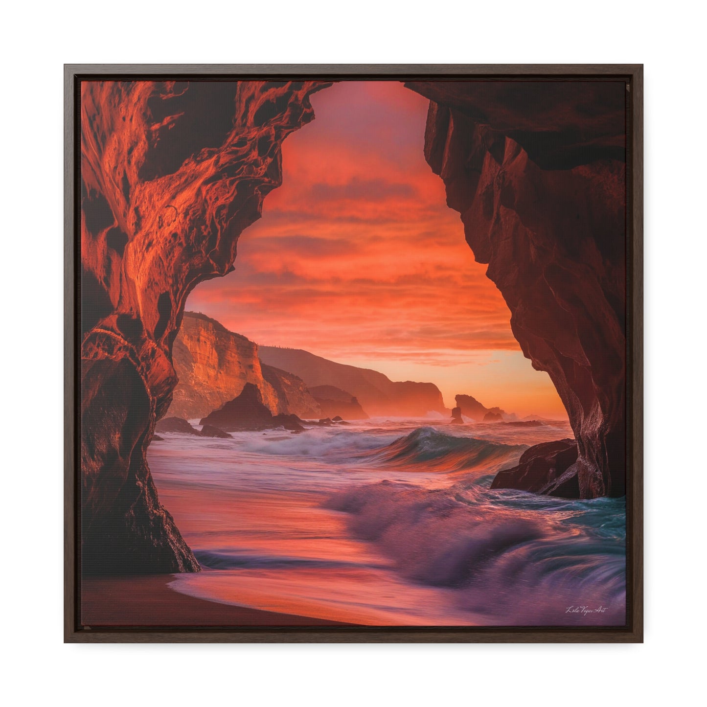 Ocean Beach Sunset Square Framed Canvas Wall Art, Coastal Gallery Canvas Wraps, Square Frame Decor, Beach Cave View Art Print Gift, Home - LOLA VEGAS ART