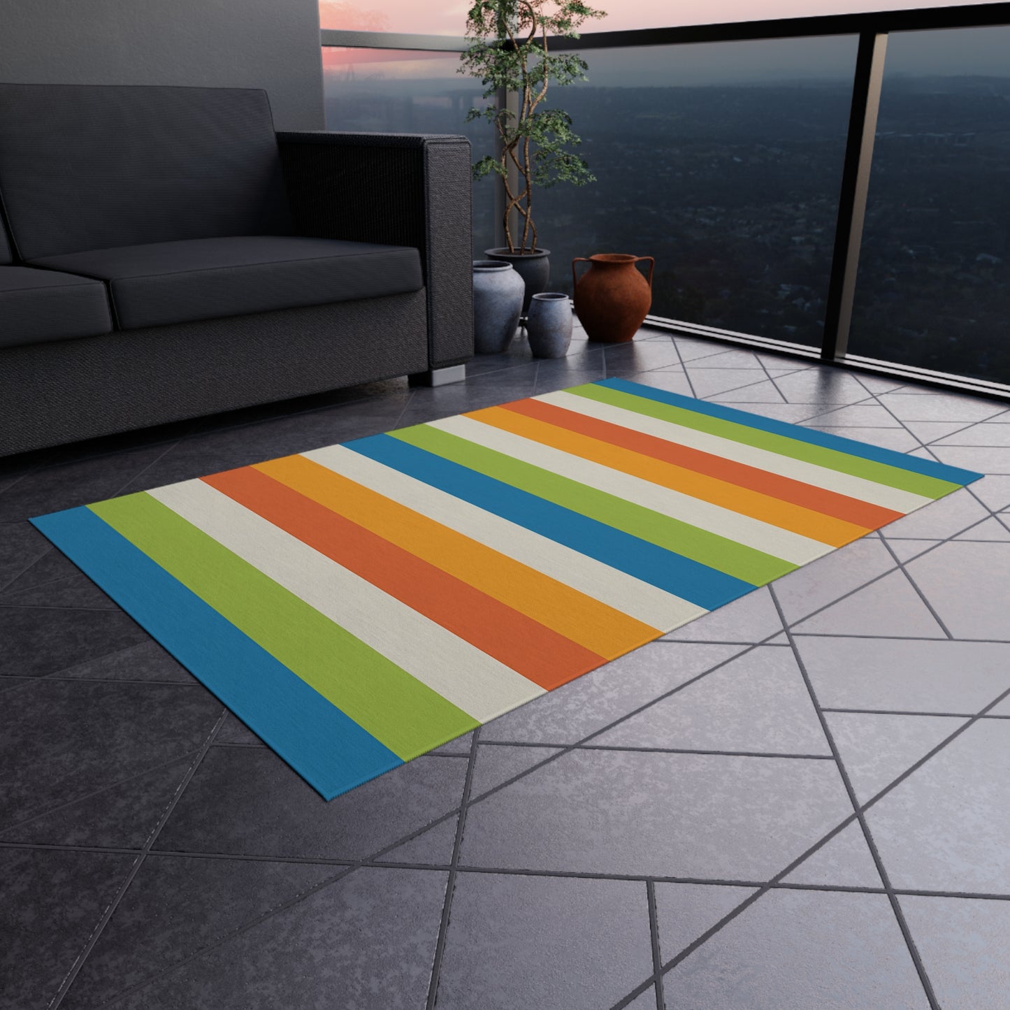 Colorful Vertical Stripes Outdoor/Indoor Rug | Patio Mat, Blue Orange Green