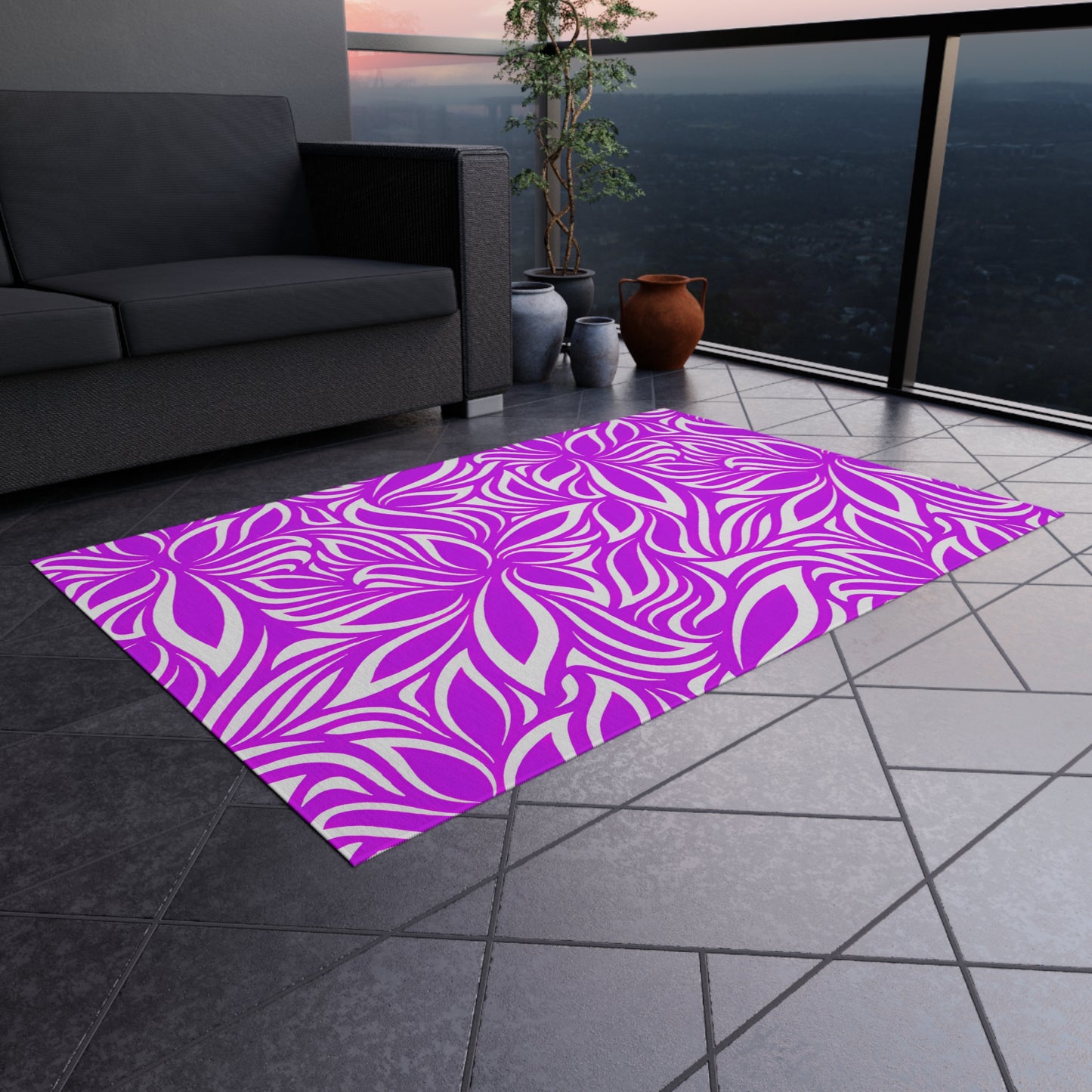 Magenta White Floral Pattern Outdoor/Indoor Rug | Tropical Leaf Medallion Patio Mat