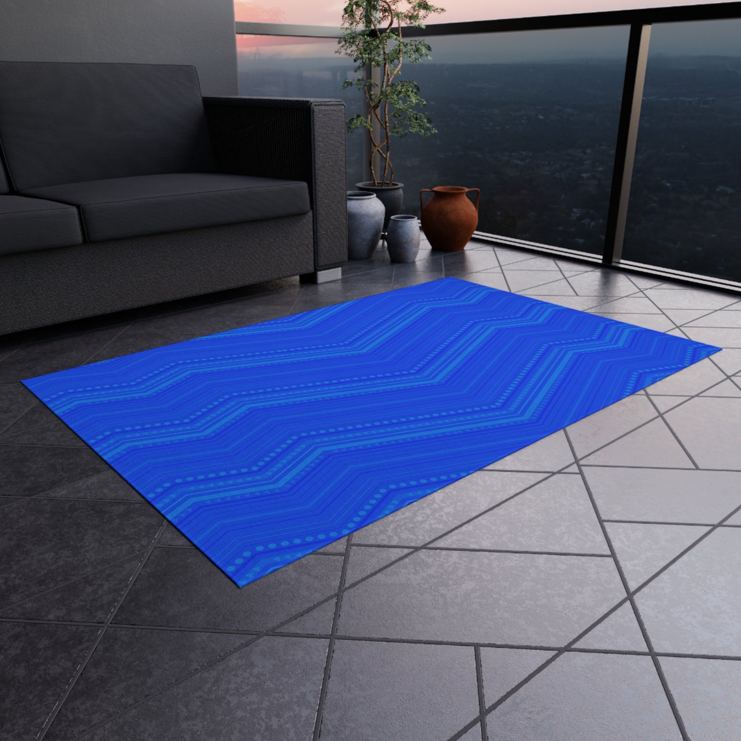 Blue Chevron Outdoor/Indoor Rug | Modern Patio Mat, Weather-Resistant