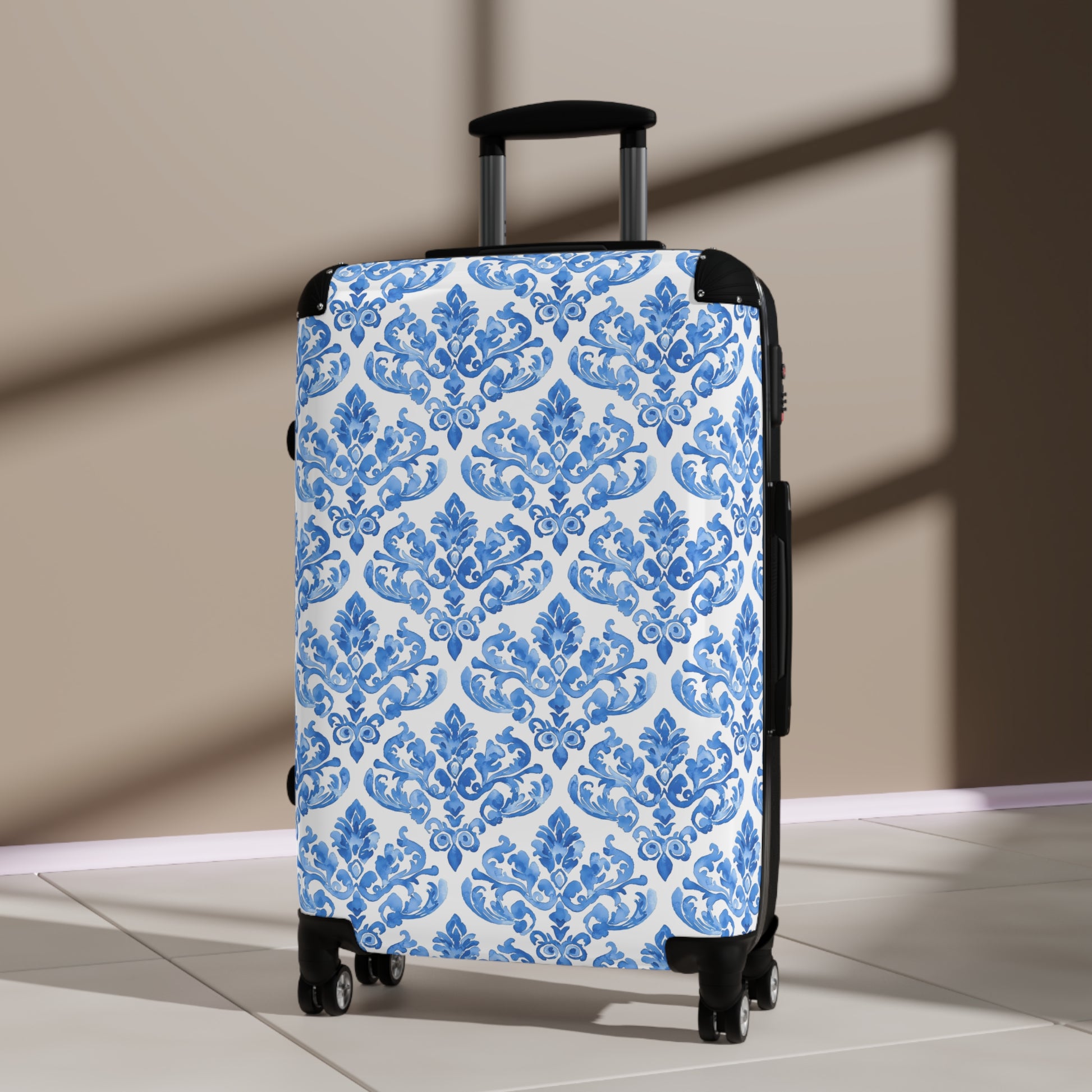 Elegant Blue Damask Suitcase, Travel Luggage for Stylish Adventurers, Perfect for Vacations, Gifts, and Getaways, Elegant Luggage - LOLA VEGAS ART