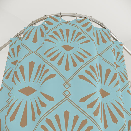 Turquoise Geometric Sunburst Shower Curtain | Retro Tile Pattern