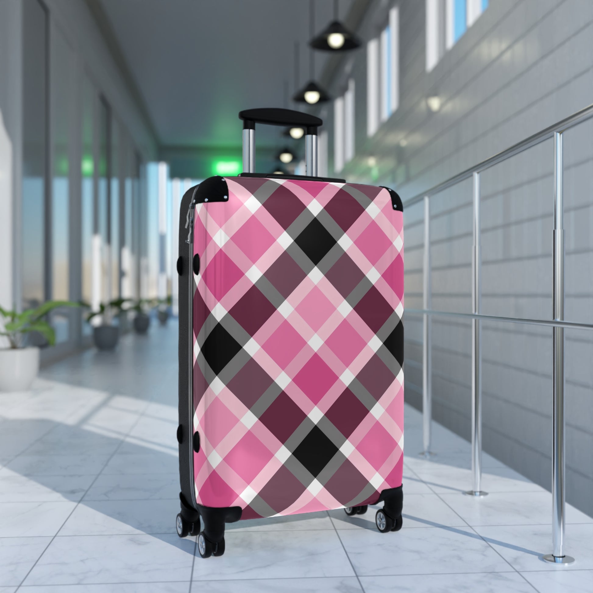 Stylish Plaid Suitcase for Travel, Luggage, Gift for Travelers, Vacation Essentials, Stylish Travel Gear, Pink and Black, Preppy Suitcase - LOLA VEGAS ART