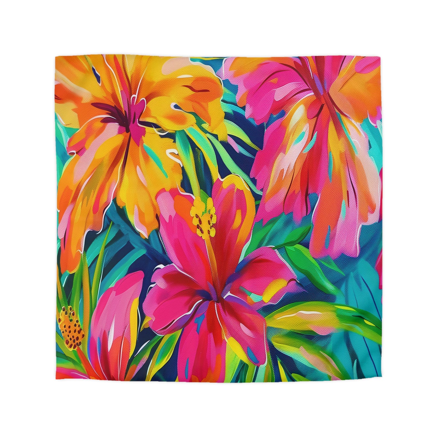 Tropical Floral Microfiber Duvet Cover - Vibrant Bedding, Boho Home Decor, Floral Print Cover, Summer Vibes, Gift for Her, Pink and Green - LOLA VEGAS ART