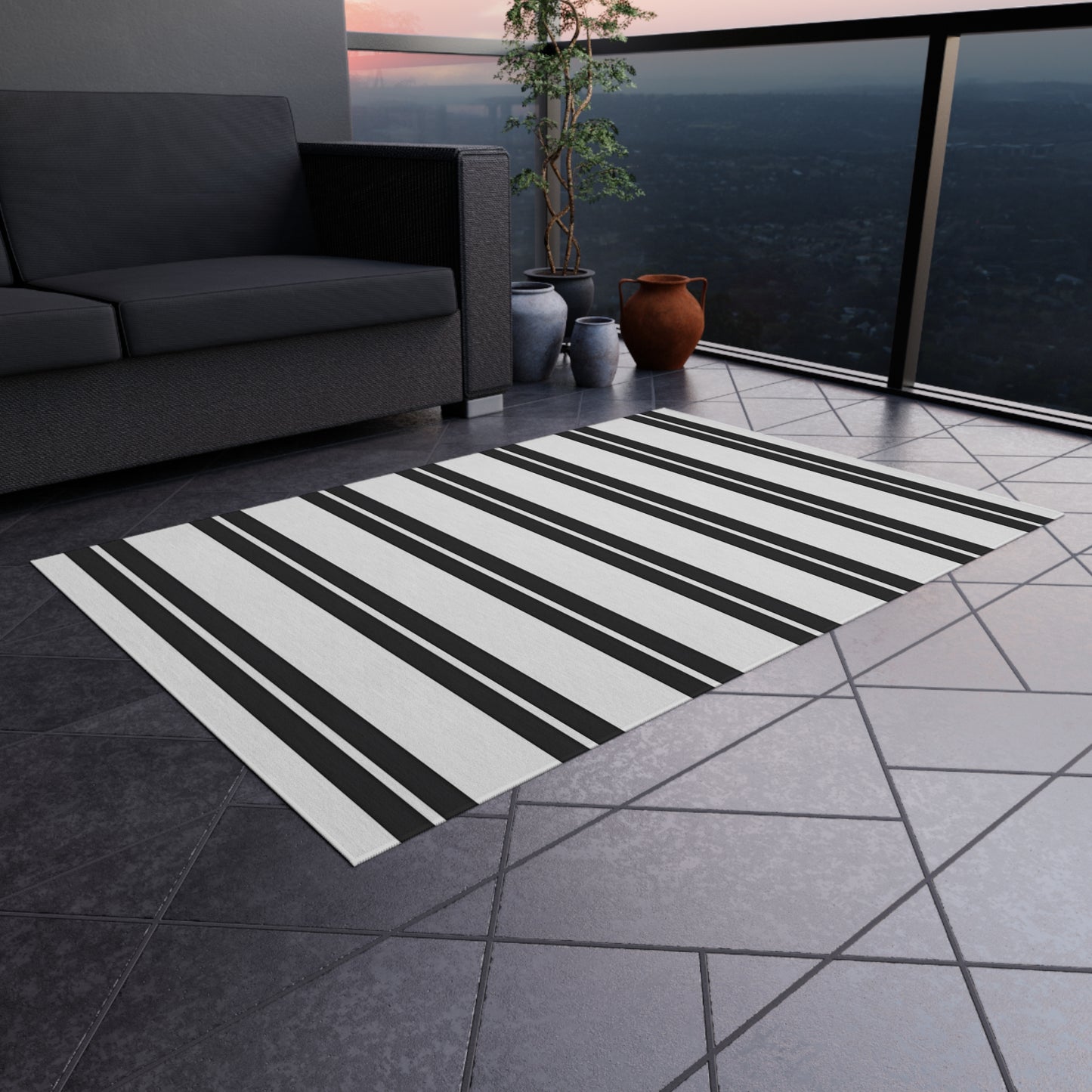Black and White Vertical Stripe Outdoor/Indoor Rug | Modern Patio Mat
