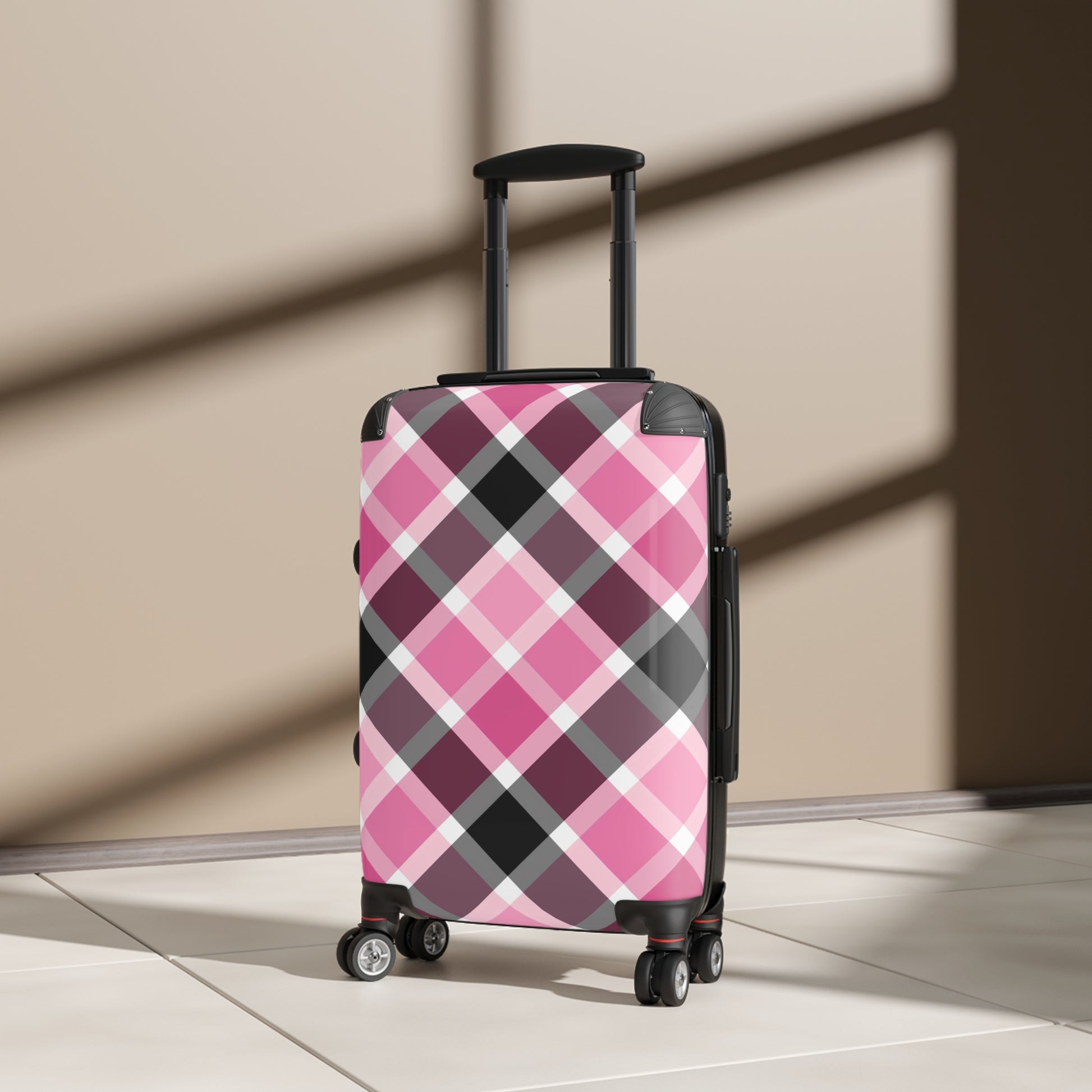 Stylish Plaid Suitcase for Travel, Luggage, Gift for Travelers, Vacation Essentials, Stylish Travel Gear, Pink and Black, Preppy Suitcase - LOLA VEGAS ART