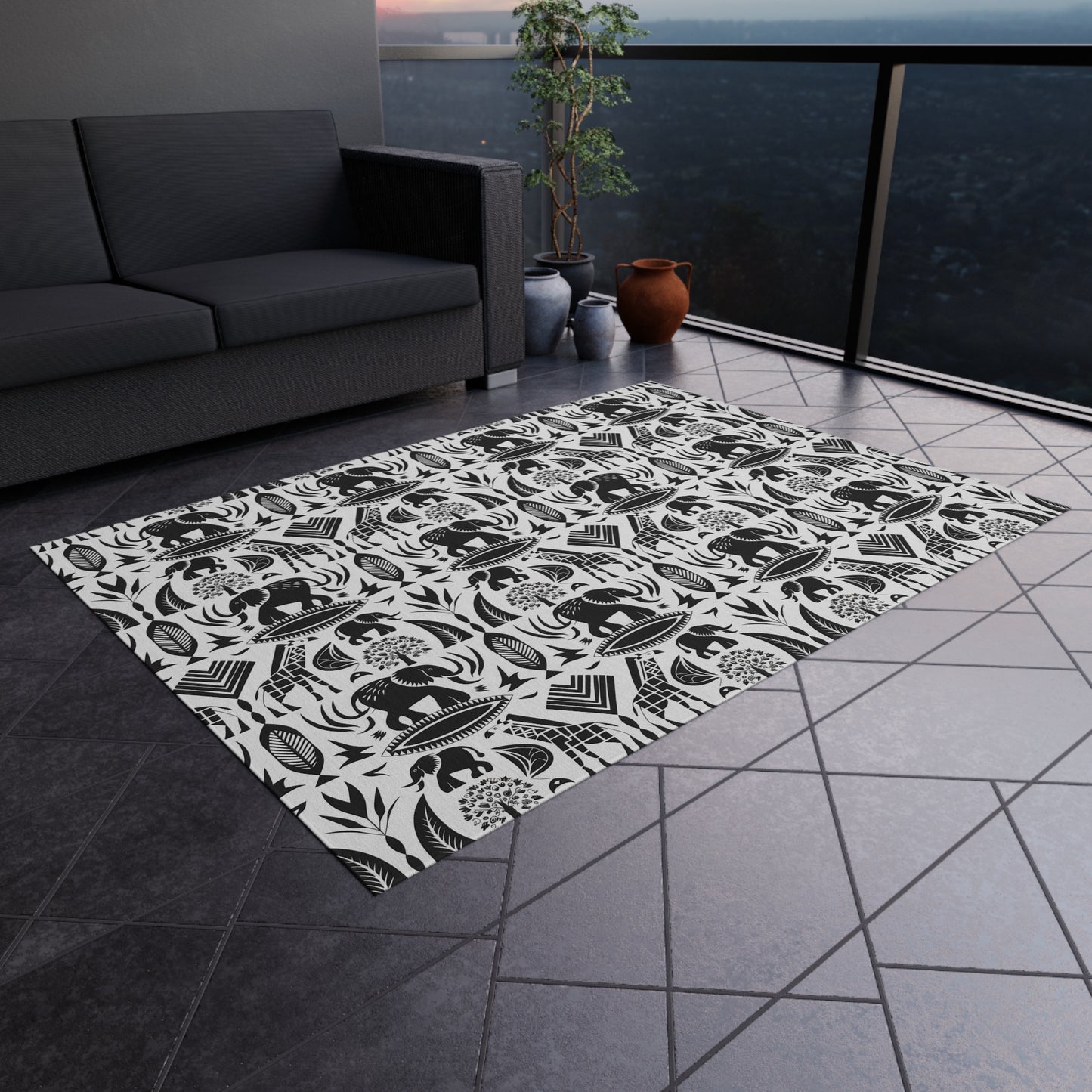 Black/White jungle Indoor/Outdoor Bohemian Rug, Stylish Patio Mat, Home Decor, Garden Area, Picnic Essentials, Unique Gift for Nature Lovers - LOLA VEGAS ART