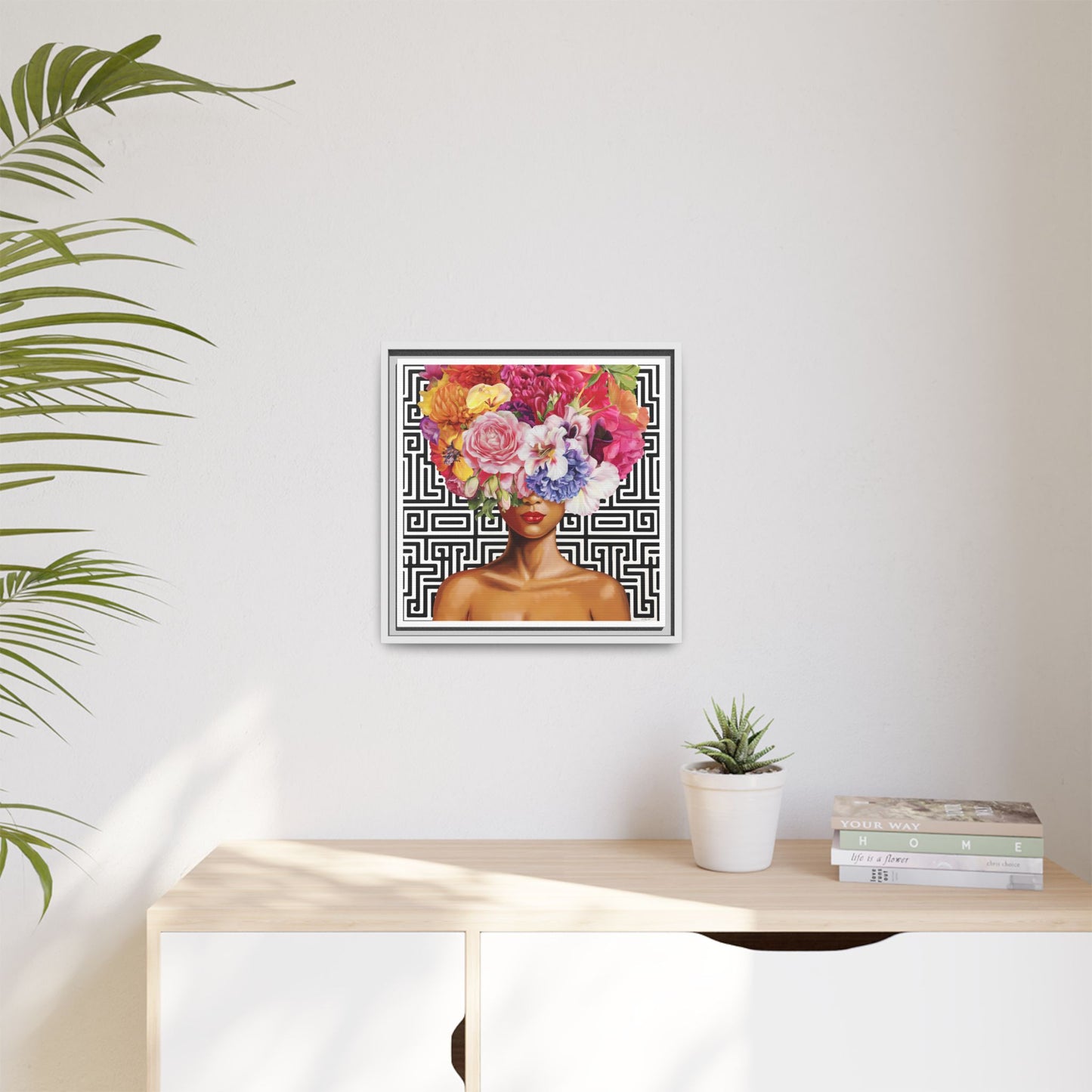 Framed Art Canvas: Vibrant Floral Portrait Decor, Boho Wall Art, Home Gallery, Gift for Her, Inspirational Art, Woman With Flower Head - LOLA VEGAS ART