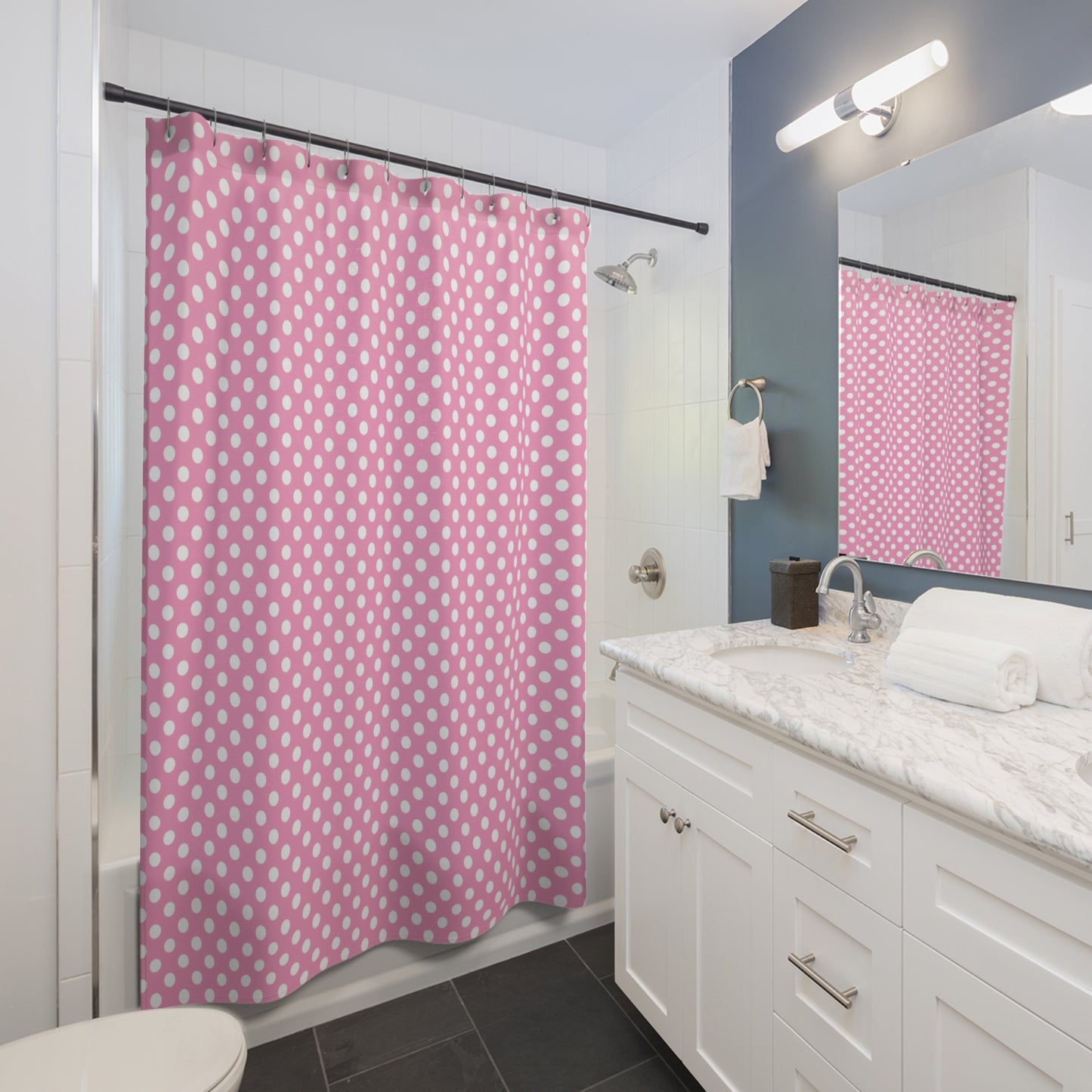 Chic Pink Polka Dot Shower Curtain, Fun Bathroom Decor, Stylish Shower Accessories, Spring Home Refresh, Gift for Her. Mid Century Pattern