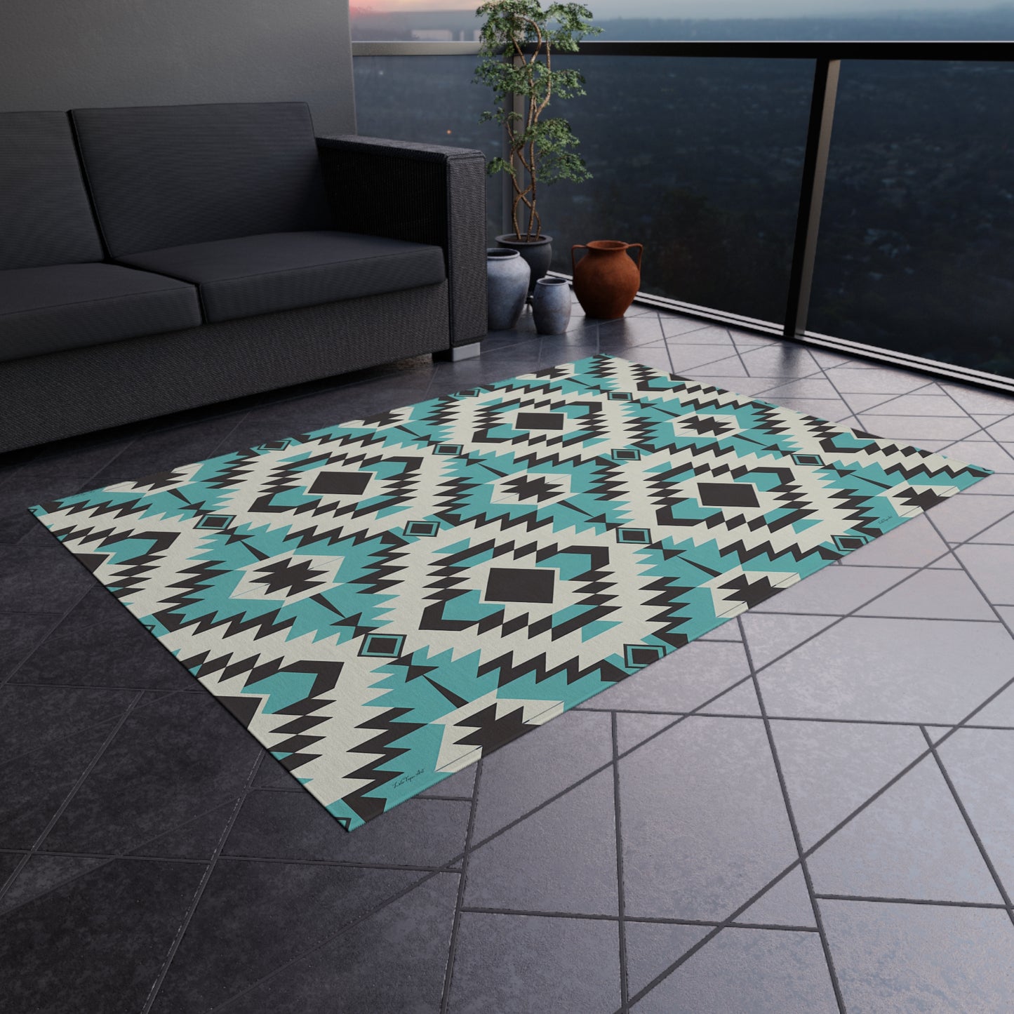 Turquoise, Black and White Stylish Outdoor Rug for Patios, Boho Decor, Area Mat, Deck Accessory, Indoor/Outdoor Use - LOLA VEGAS ART