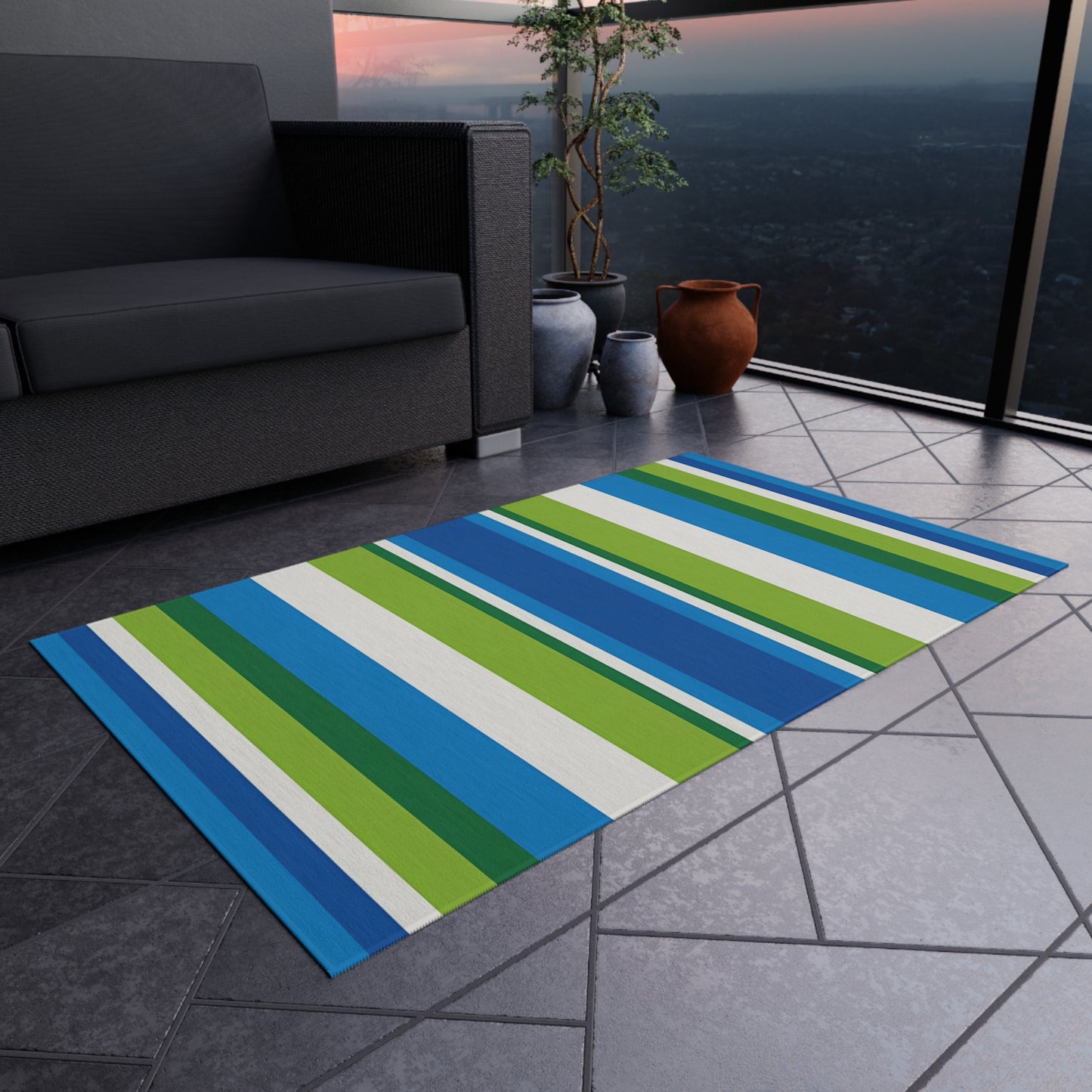 Blue Green Stripe Outdoor/Indoor Rug | Striped Patio Mat, Weatherproof Porch Rug