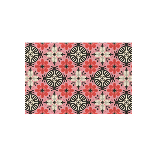 Pink, black and White Colorful Floral Outdoor/Indoor Rug, Garden Decor, Patio Mat, Boho Style Area Carpet, Eco-Friendly Home Accent - LOLA VEGAS ART