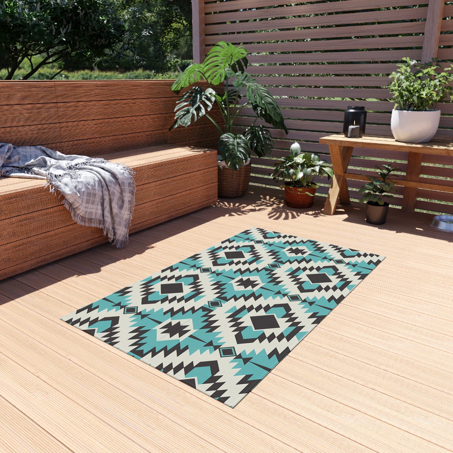 Turquoise, Black and White Stylish Outdoor Rug for Patios, Boho Decor, Area Mat, Deck Accessory, Indoor/Outdoor Use - LOLA VEGAS ART