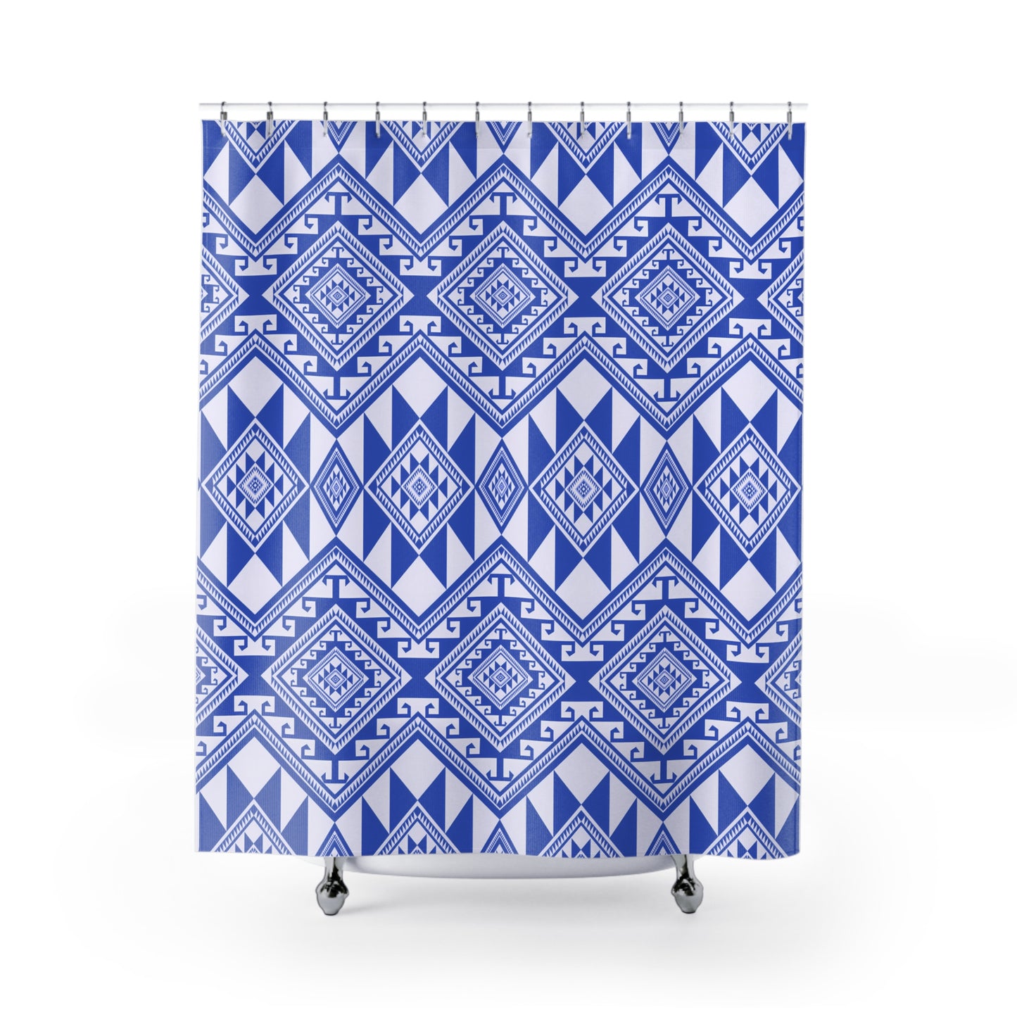 Trendy Geometric Shower Curtain, Modern Bathroom Decor, Boho Chic Home Accessory, Gift for Housewarming, Blue and White Design - LOLA VEGAS ART