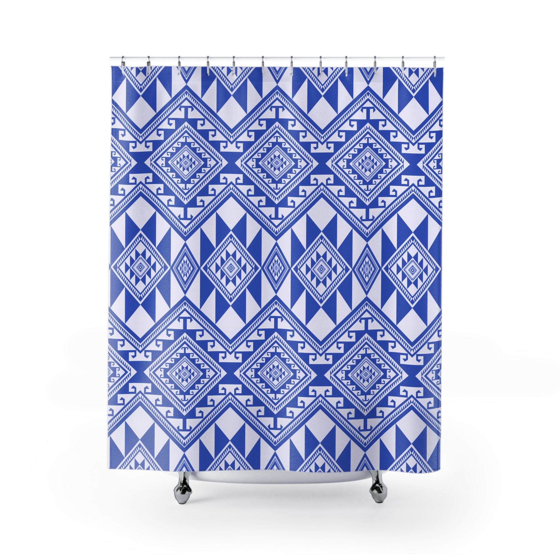 Trendy Geometric Shower Curtain, Modern Bathroom Decor, Boho Chic Home Accessory, Gift for Housewarming, Blue and White Design - LOLA VEGAS ART