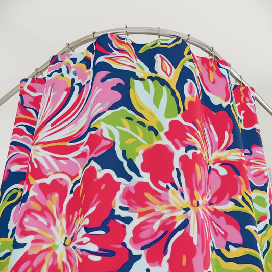 Pink Red Tropical Floral Shower Curtain | Navy Hibiscus Pattern
