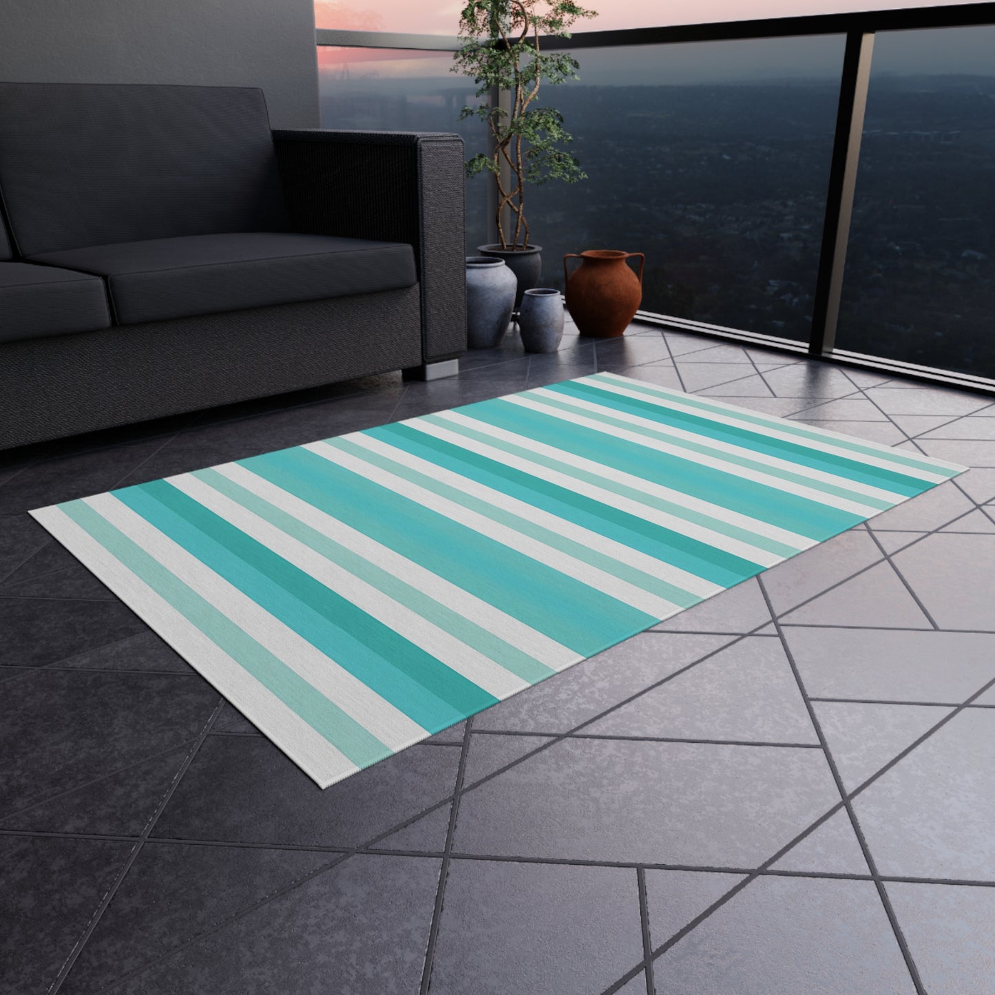 Teal Stripe Outdoor/Indoor Rug | Blue White Striped Patio Mat