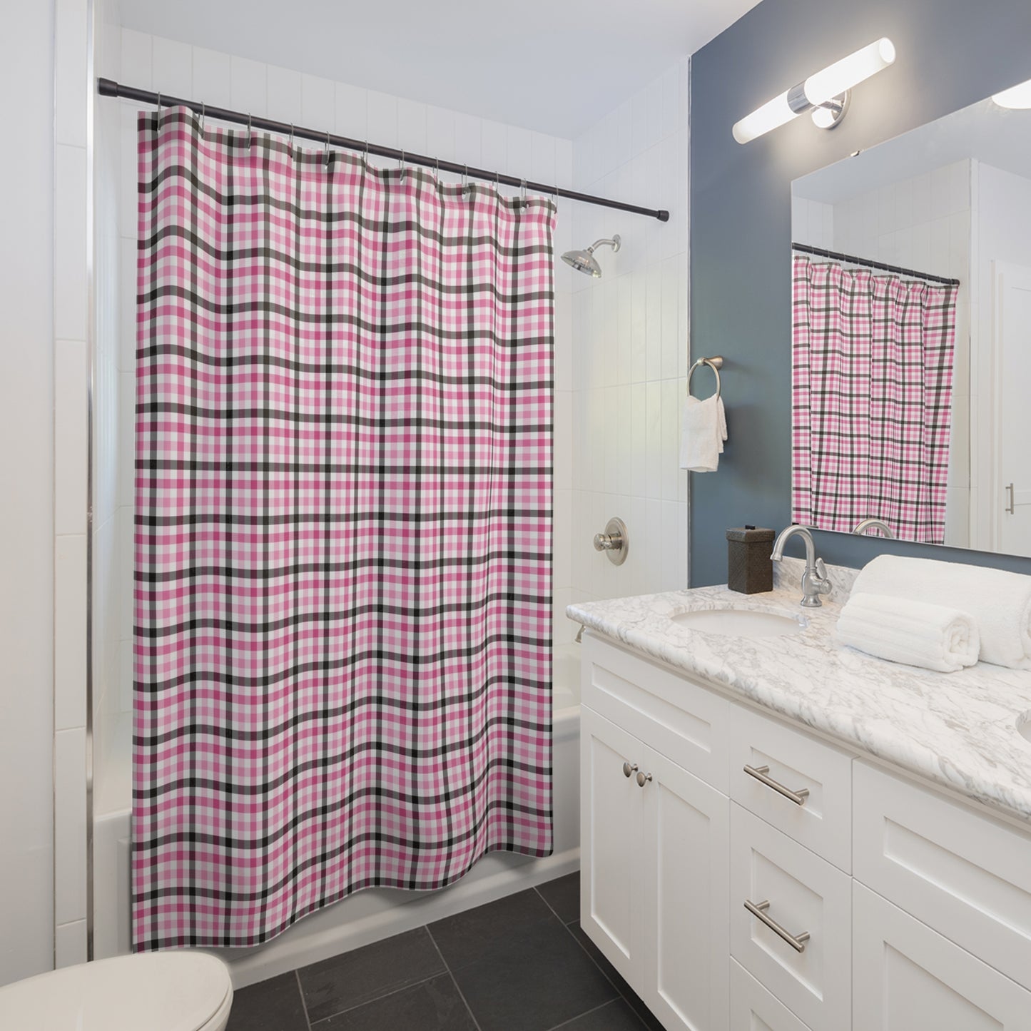 Chic Pink and Black Plaid Shower Curtain, Cozy Bathroom Decor, Farmhouse Style, Gift for Her, Holiday Decor, Cottage Core