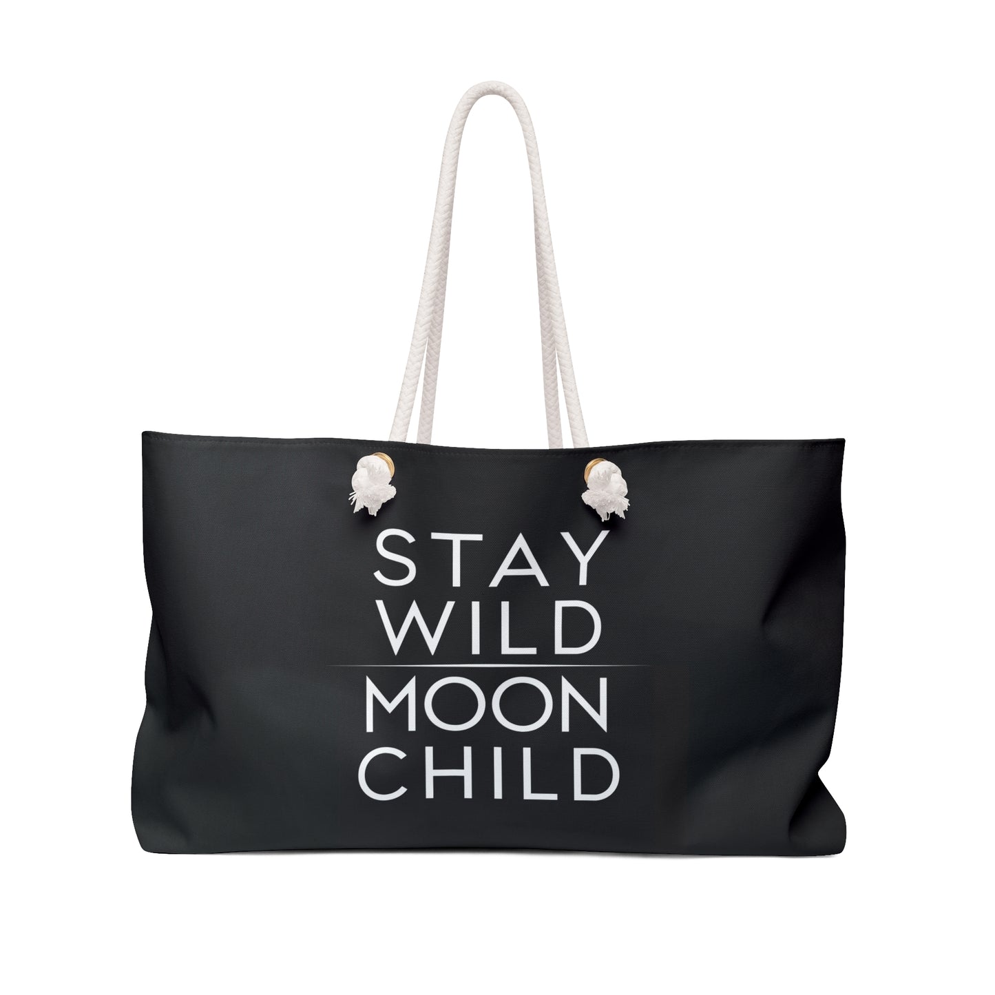 Stay Wild Moon Child Weekender Bag, Black Moon Phases Travel Tote, Boho Overnight Carry On, Large Unisex Duffle, Gift for Traveler - LOLA VEGAS ART