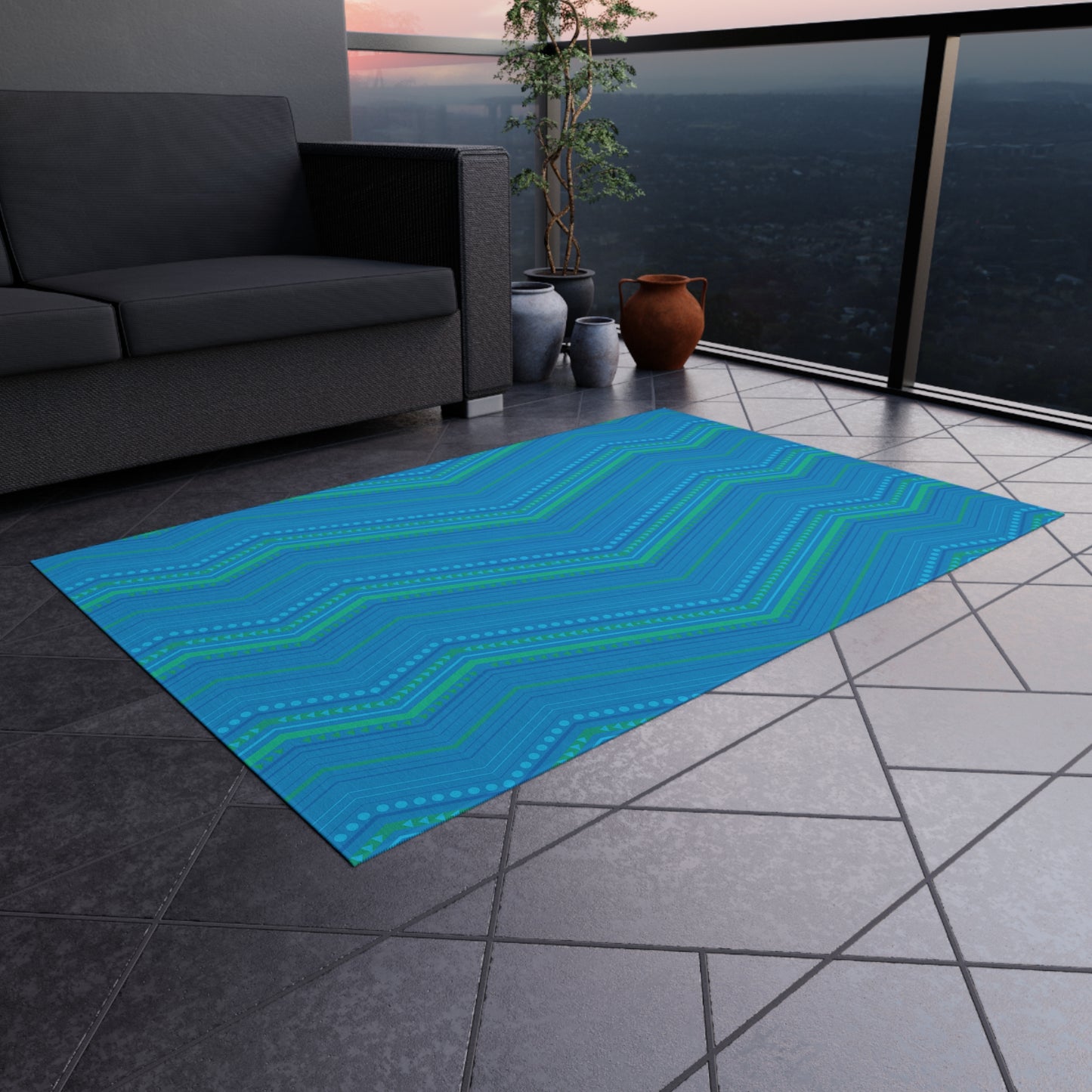 Blue Green Chevron Pattern Outdoor/Indoor Rug | Striped Zigzag Patio Mat