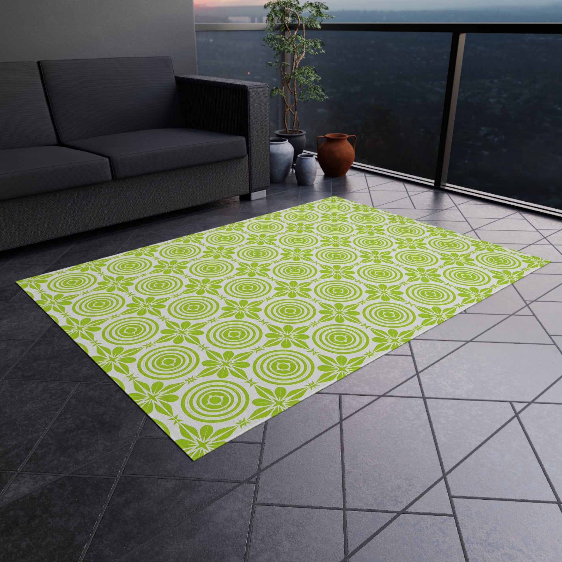 Vibrant Green and White Outdoor Rug, Decorative Patio Mat, Garden Floor Covering, Picnic Area Carpet, Stylish Outdoor Decor - LOLA VEGAS ART