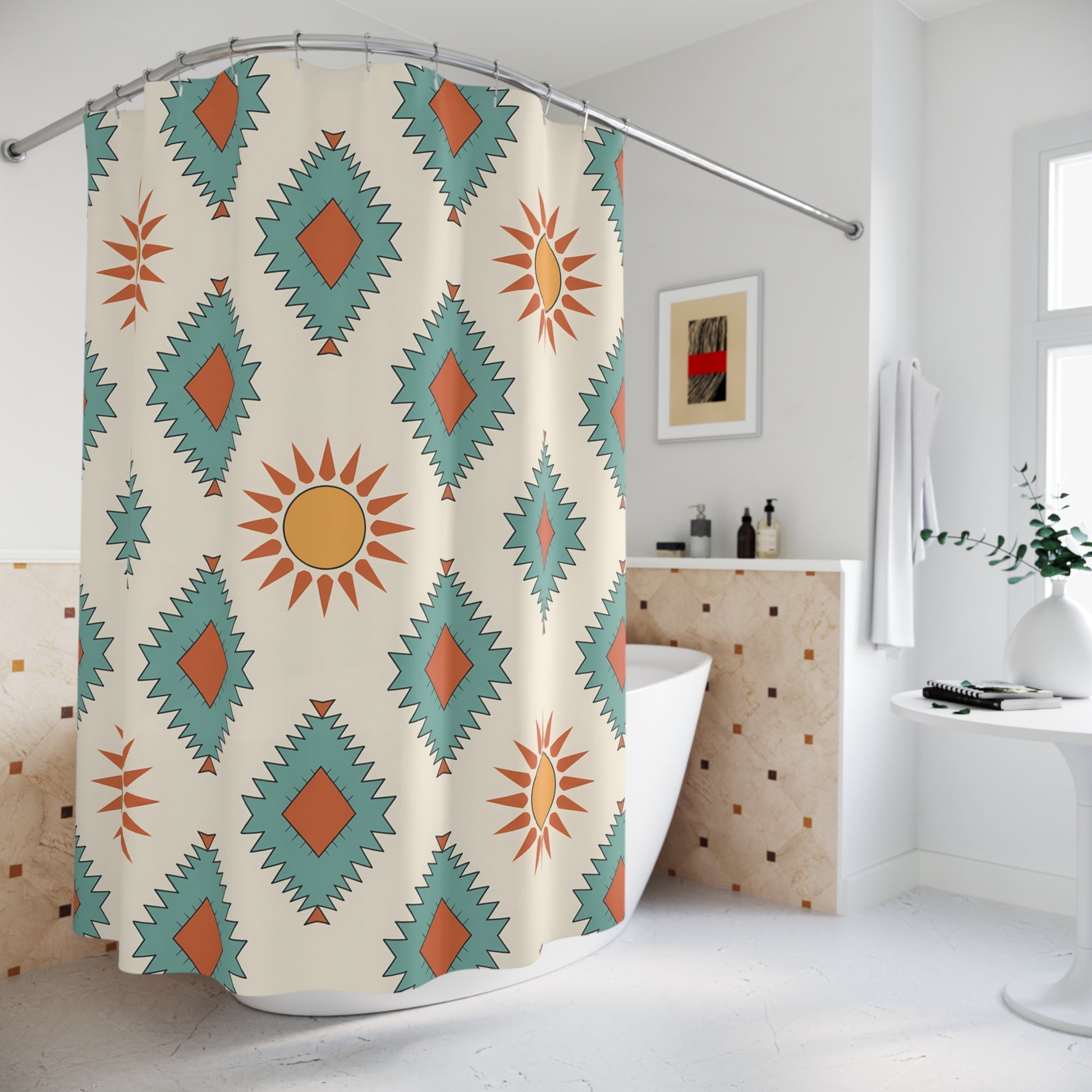 Boho Chic Shower Curtain - Art Deco Sun & Diamond Pattern, Bathroom Decor, Gift for Homeowners, Unique Gift, Bohemian Style - LOLA VEGAS ART