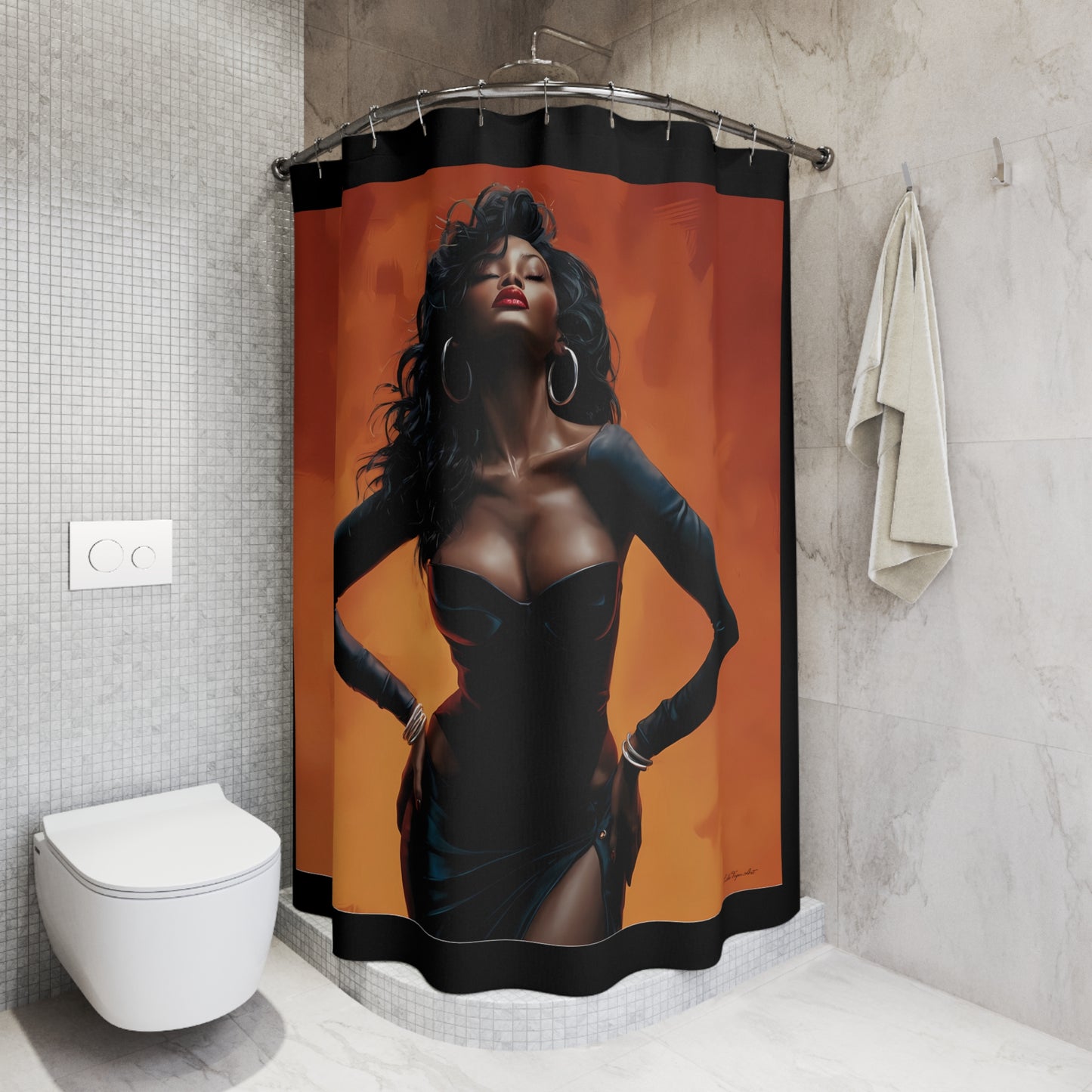 Black Sun Goddess Woman Shower Curtain - Black Girl Magic, African American Art, Bathroom Accessories, Orange Background - LOLA VEGAS ART