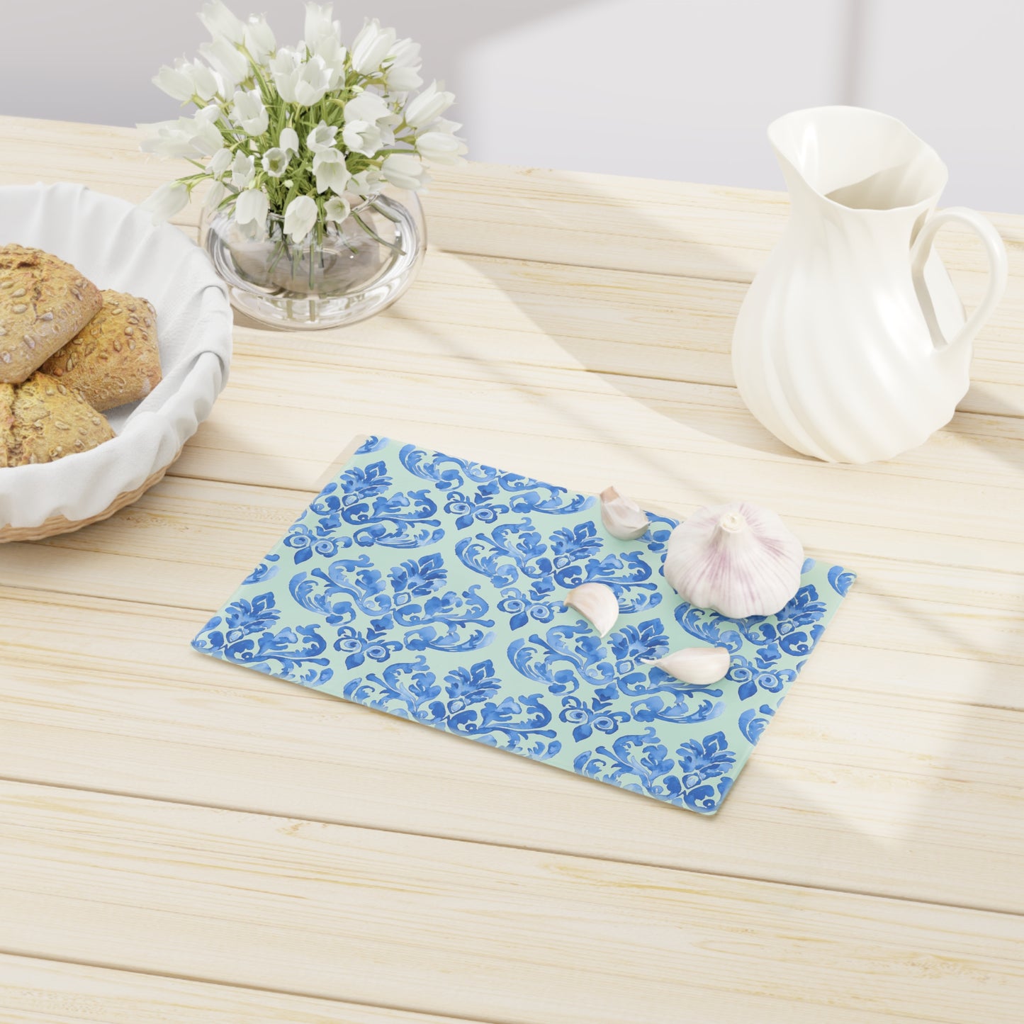 Elegant Floral Cutting Board, Kitchen Decor, Gift for Chefs, Wedding Gift, Serving Tray, Blue Damask Design - LOLA VEGAS ART