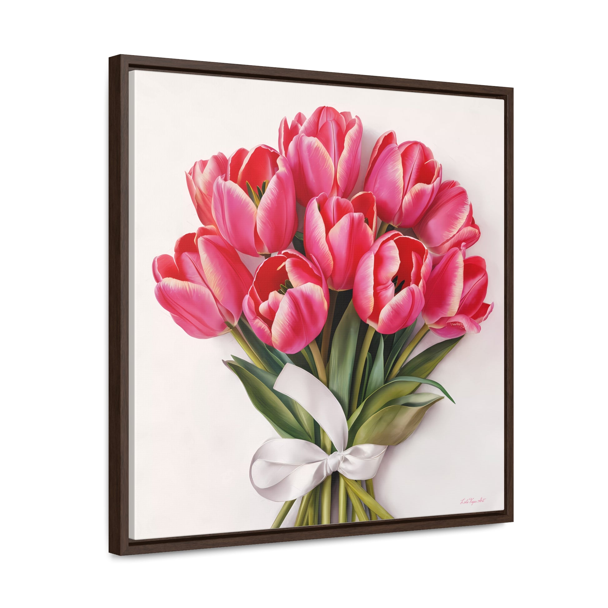 Square Frame Canvas Wall Art, Feminine Pink Tulips Bouquet Gallery Wrap, Home Decor Gift, Floral Print, Living Room Decoration - LOLA VEGAS ART