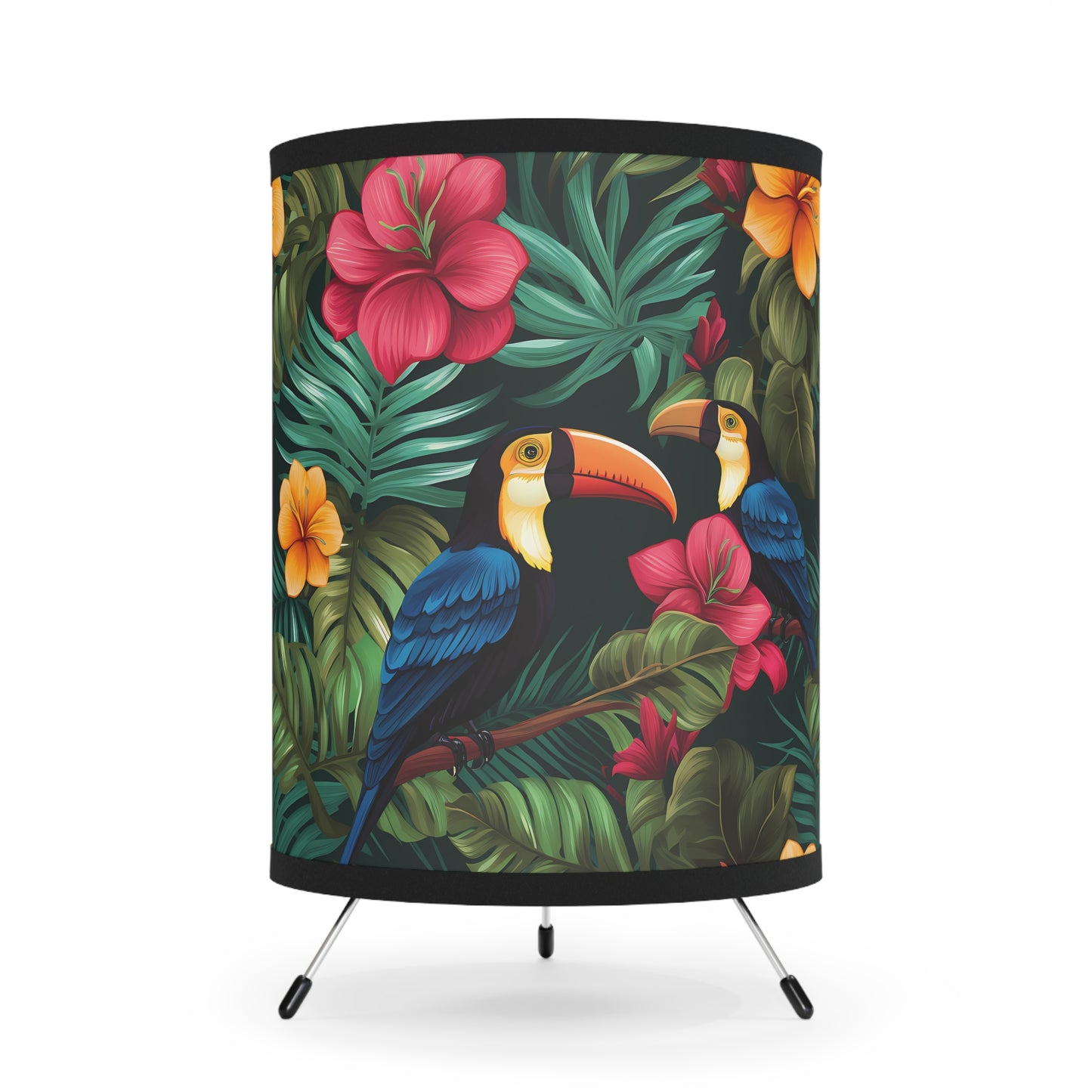Tropical Tripod Lamp - Vibrant Floral Decor, Home Lighting, Boho-Chic Accent, Gift for Nature Lovers, Tropical Decor, Toucan Bird - LOLA VEGAS ART