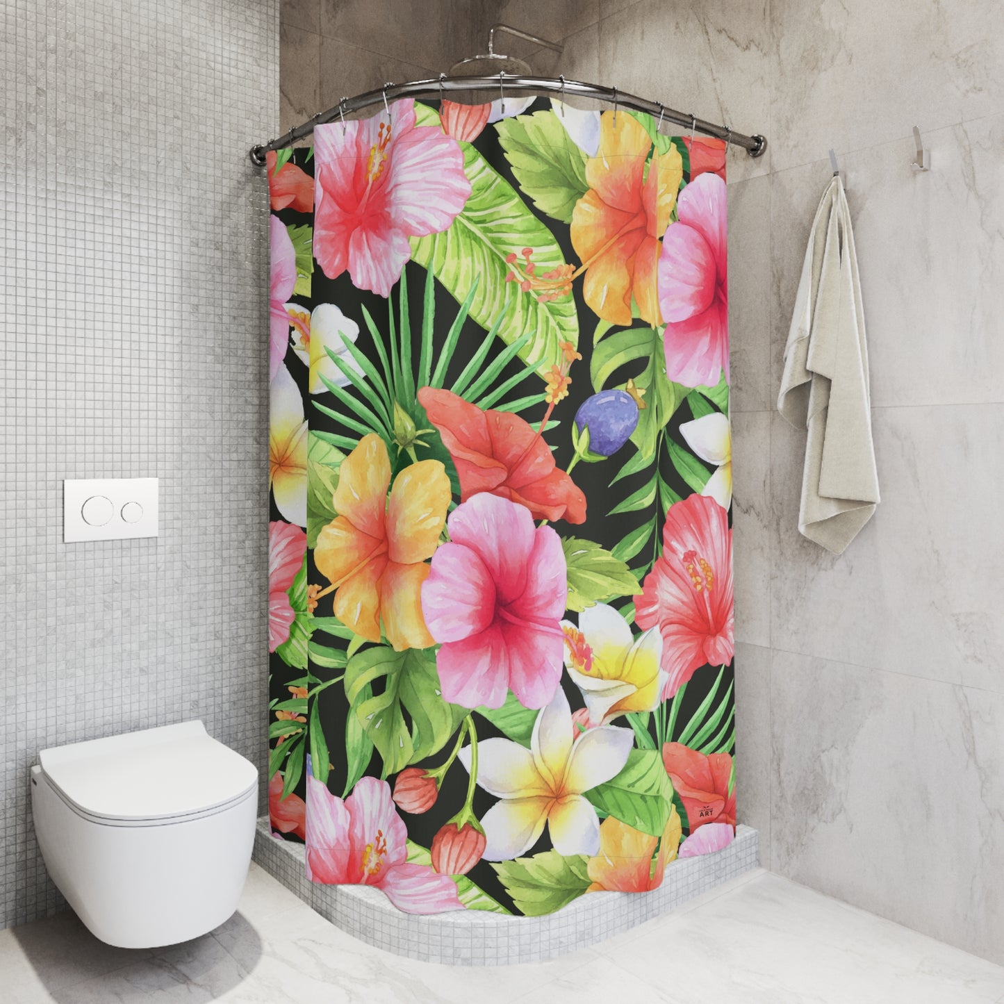 Tropical Hibiscus Floral Shower Curtain | Tropical Leaves Bathroom Decor Tropical Bathroom Accessory
