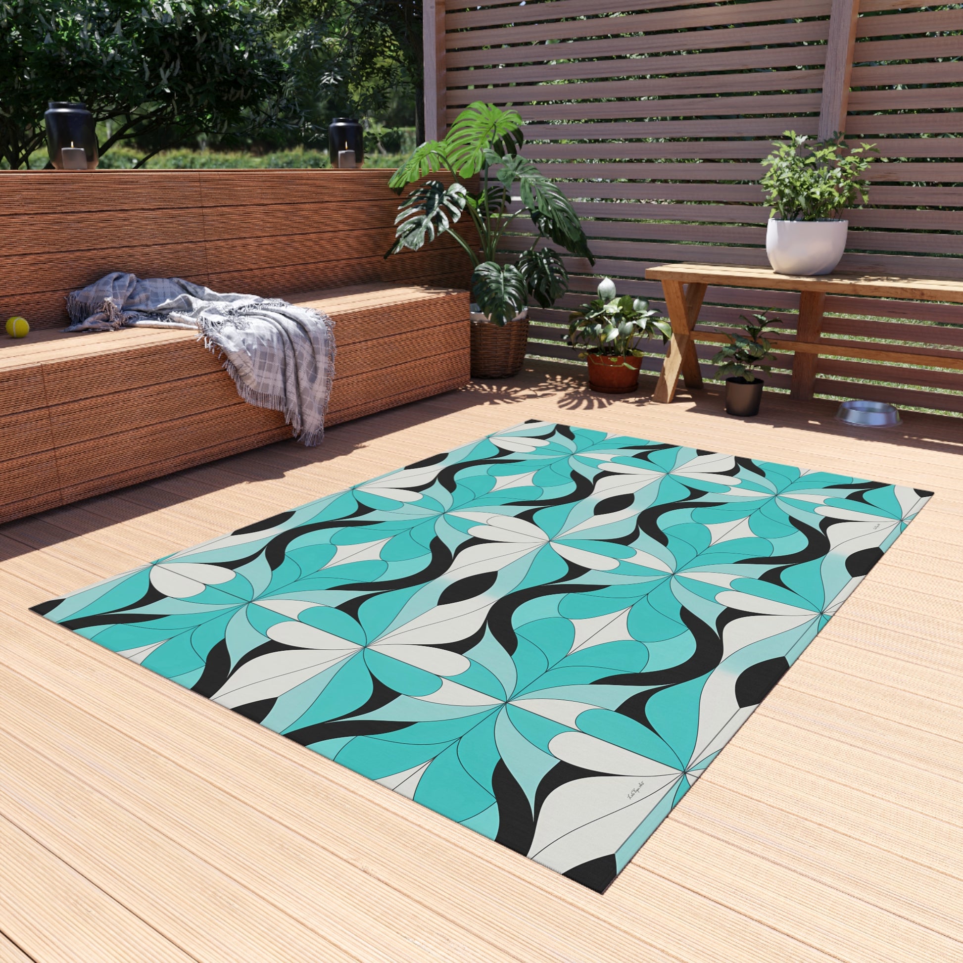 Blue/White/Black Outdoor Rug with Vibrant Geometric Design, Bohemian Patio Decor, Indoor-Outdoor Area Rug, Summer Accessory, Beach House - LOLA VEGAS ART