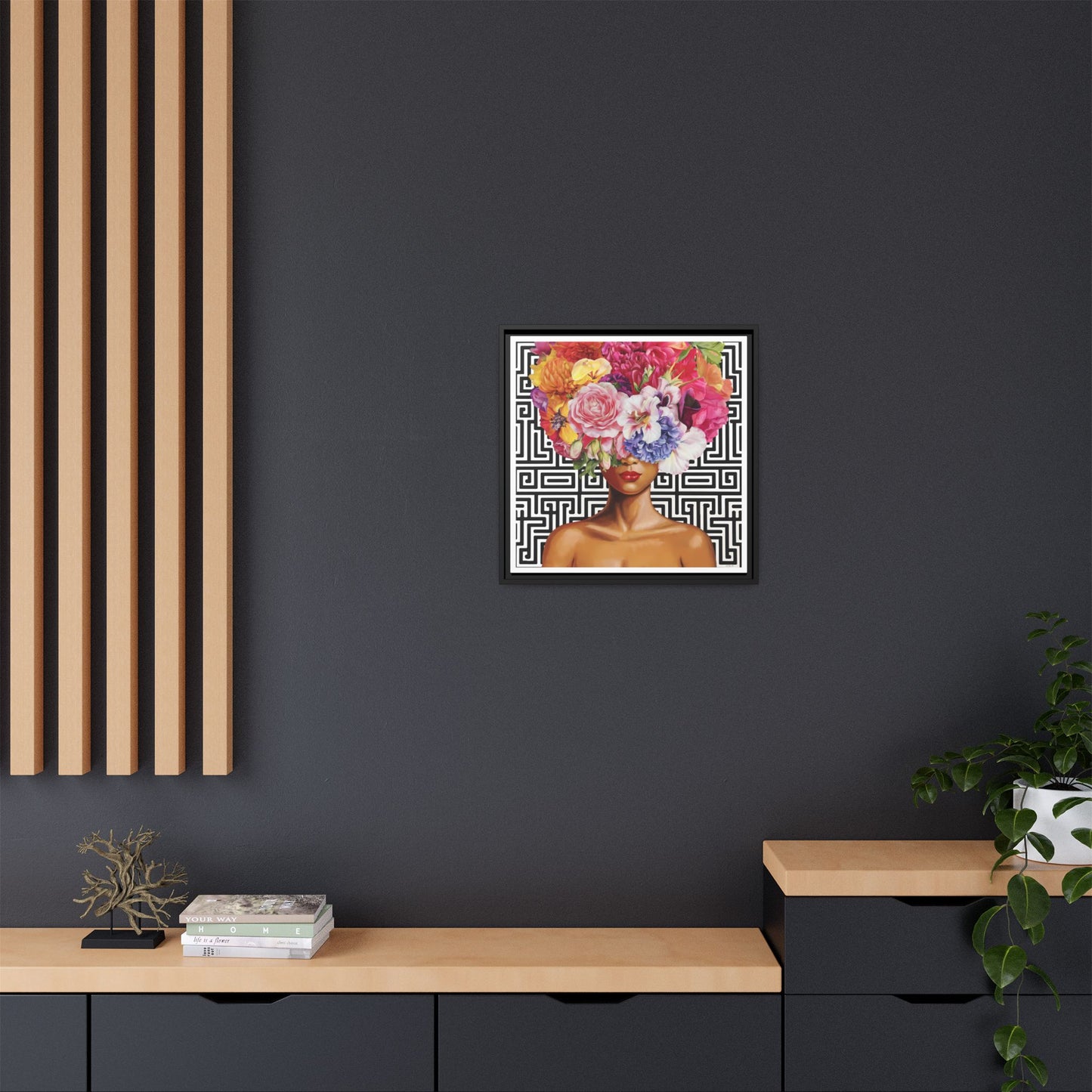 Framed Art Canvas: Vibrant Floral Portrait Decor, Boho Wall Art, Home Gallery, Gift for Her, Inspirational Art, Woman With Flower Head - LOLA VEGAS ART