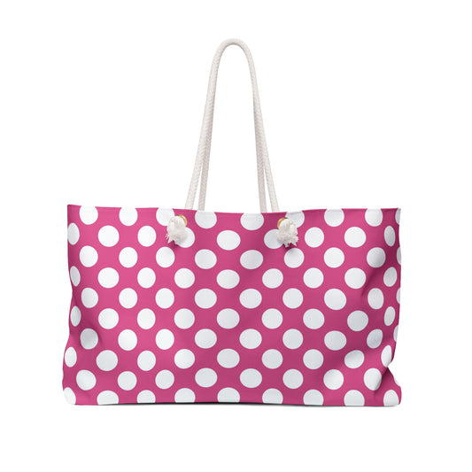 Pink and White Polka Dot Weekender Bag - Perfect for Travel, Beach Days, Gym, Tote, Gift for Her, Summer Vacation, Feminine Bag - LOLA VEGAS ART