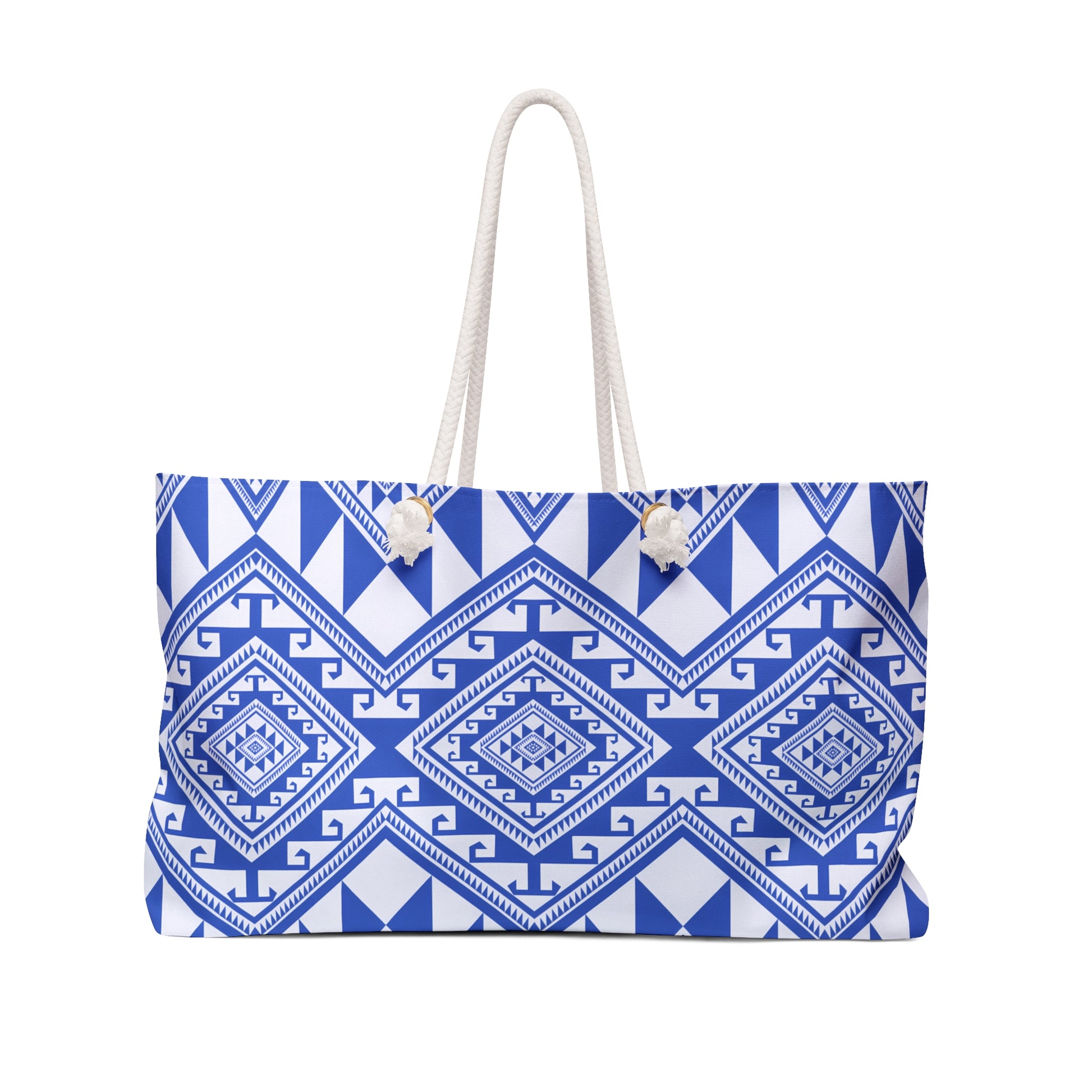 Stylish Weekender Bag with Blue Tribal Pattern, Perfect for Travel, Beach, Gym, Gifts, or Weekend Getaways, Unique Bag - LOLA VEGAS ART
