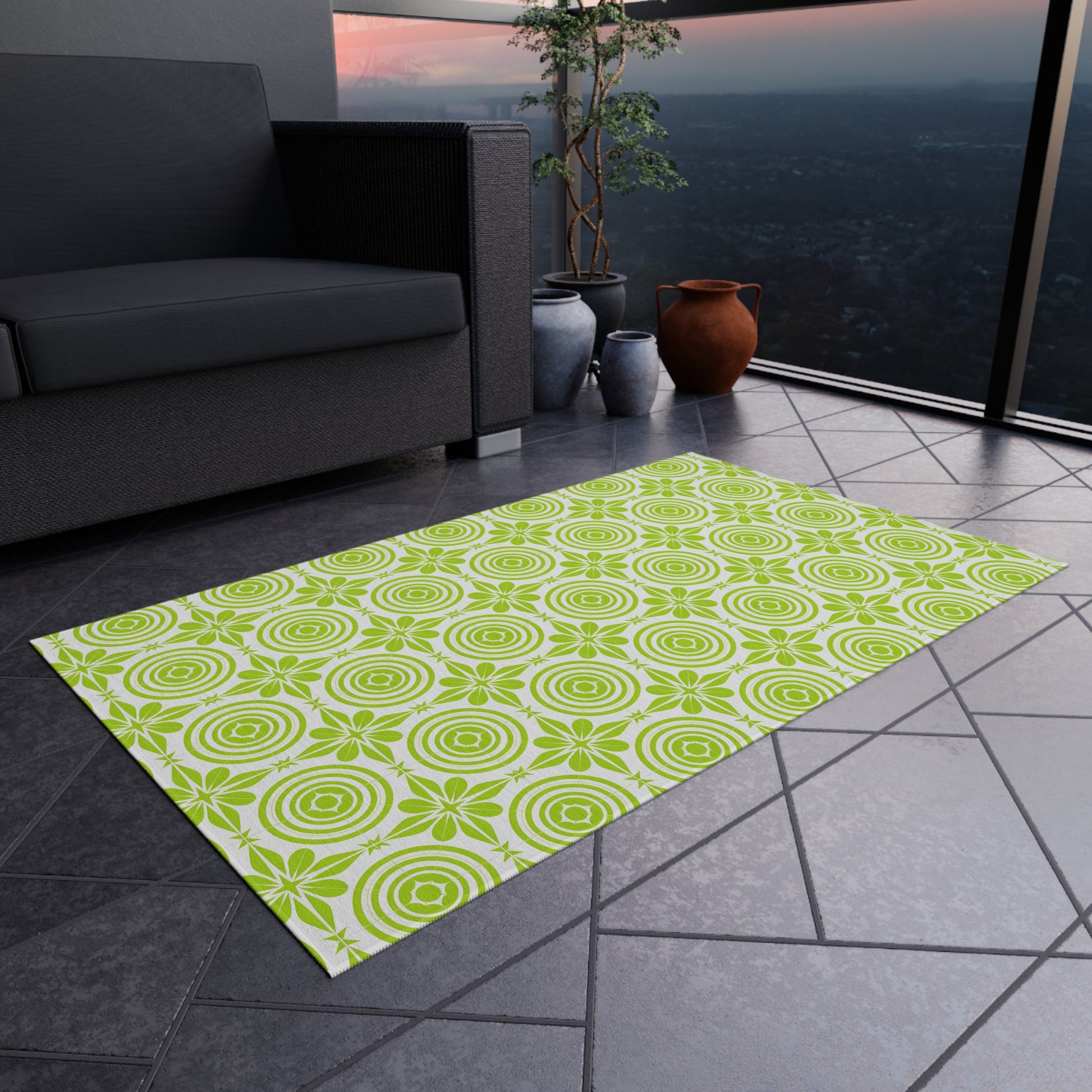 Vibrant Green and White Outdoor Rug, Decorative Patio Mat, Garden Floor Covering, Picnic Area Carpet, Stylish Outdoor Decor - LOLA VEGAS ART