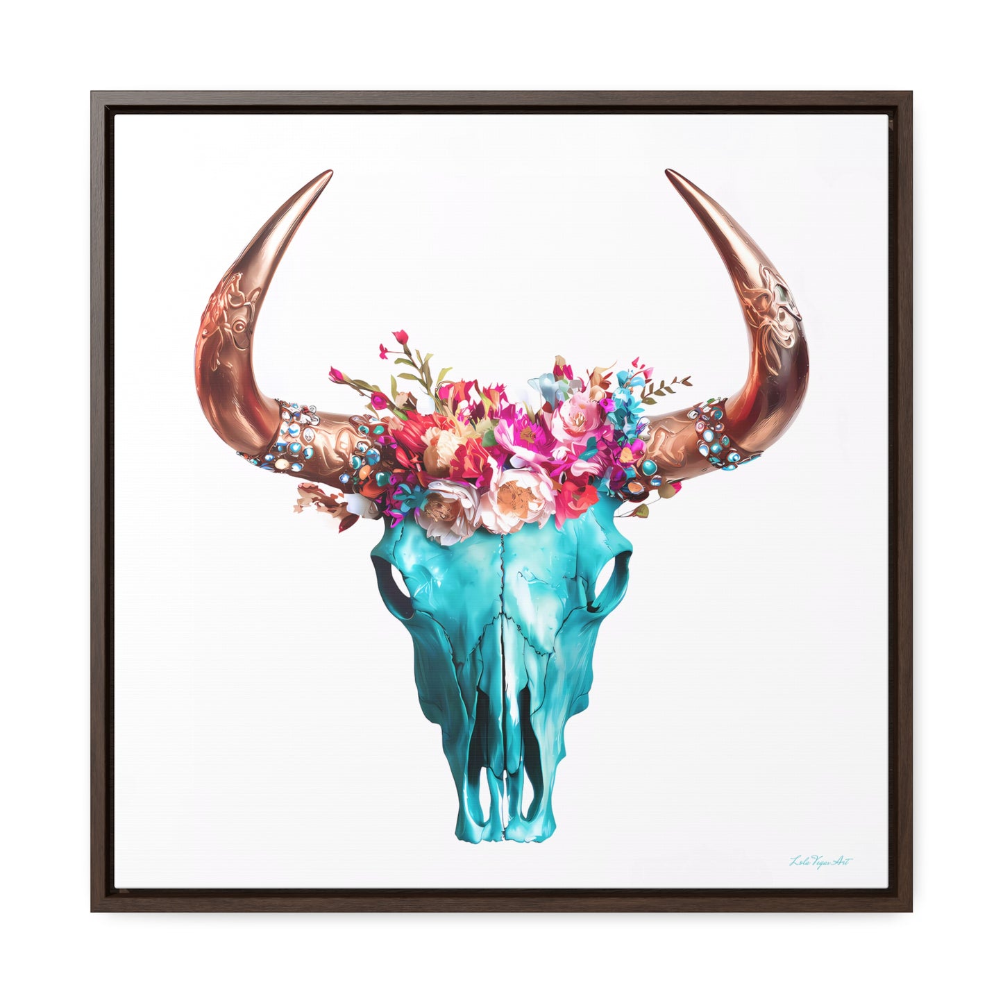 Boho Turquoise Skull Head Square Frame Gallery Canvas Wrap Wall Art, Eclectic N Chic, Hippie Floral Horns Decor, Southwest - LOLA VEGAS ART