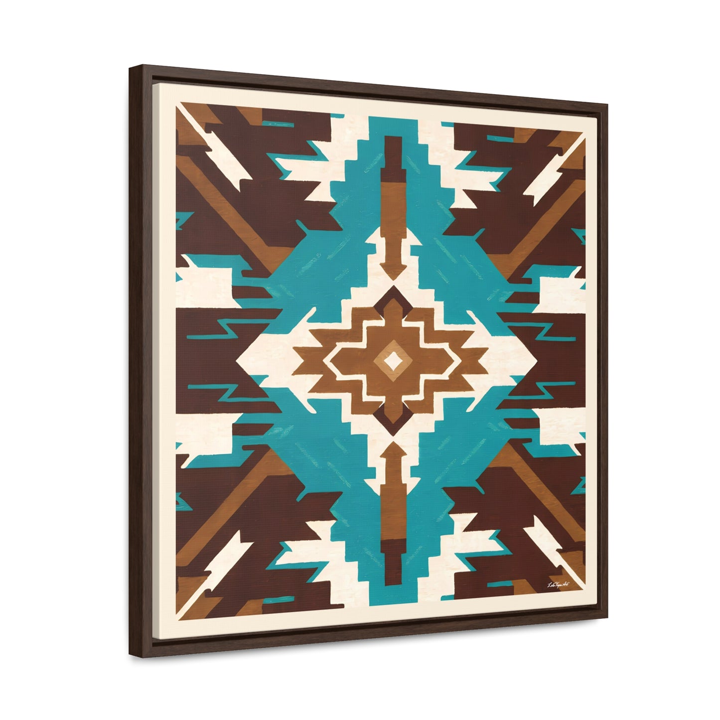 Framed Canvas Art, Native American Boho Wall Decor, Ethnic Home Decoration, Square Frame, Gallery Canvas, Turquoise and Brown Design - LOLA VEGAS ART