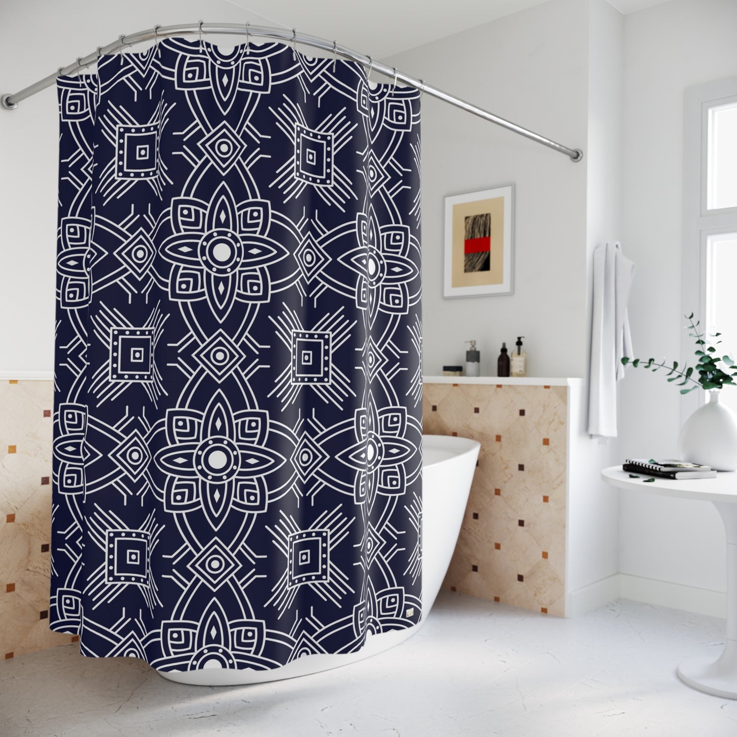 Navy Geometric Mandala Shower Curtain | Boho Tile Pattern