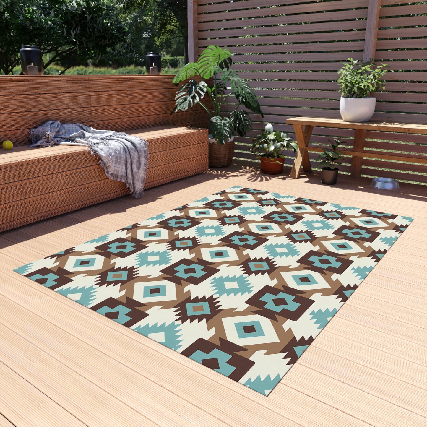 Turquoise, brown, white Stylish Outdoor/Indoor Rug for Patios, Bohemian Decor, Modern Outdoor Living, Picnic Essentials, Garden Party Decor - LOLA VEGAS ART