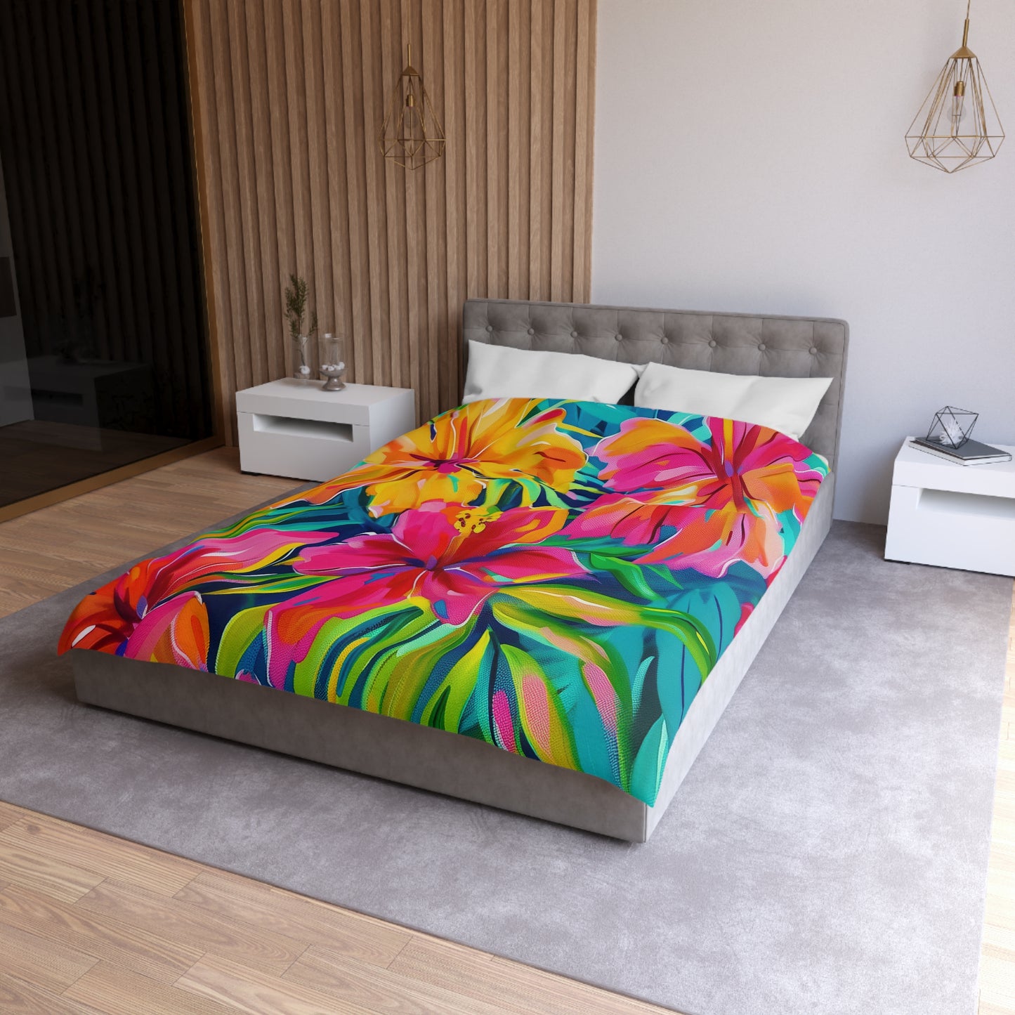 Tropical Floral Microfiber Duvet Cover - Vibrant Bedding, Boho Home Decor, Floral Print Cover, Summer Vibes, Gift for Her, Pink and Green - LOLA VEGAS ART