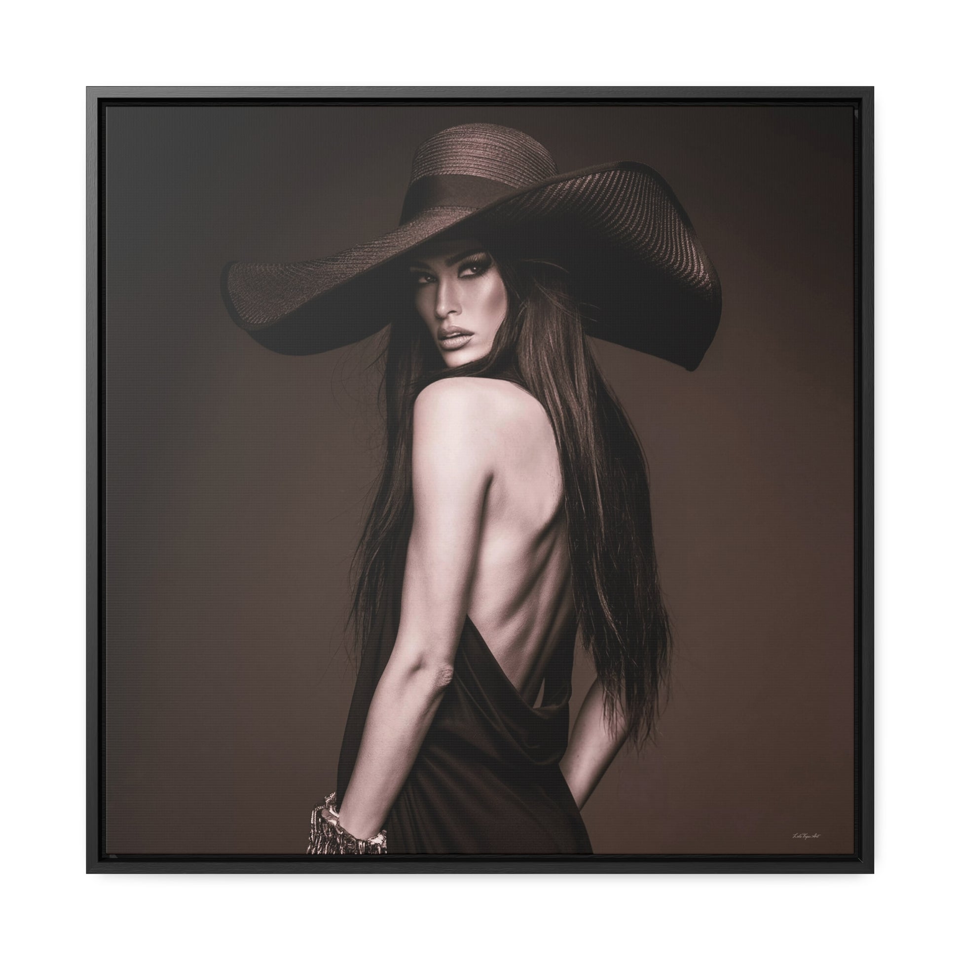 Canvas Wall Art, Sepia Tone Woman with Large Hat, Fashion Photography Decor, Moody Glam Home Decoration, Square Frame Print, Gallery Canvas - LOLA VEGAS ART
