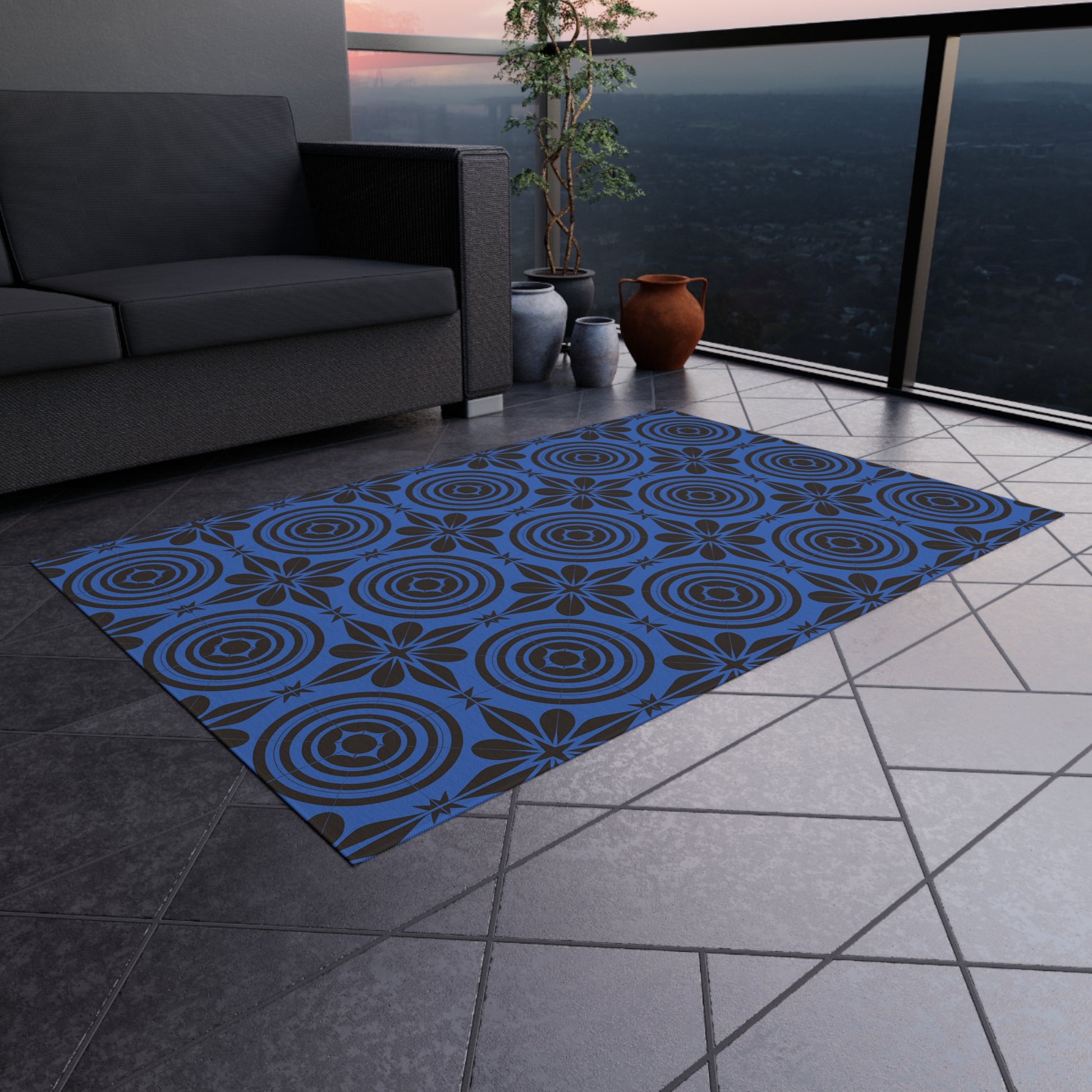 Blue and Black Outdoor Area Rug, Bohemian Patio Carpet, Garden Mat, Outdoor Living Decor, Front Porch Rug, All-Weather Floor Covering - LOLA VEGAS ART