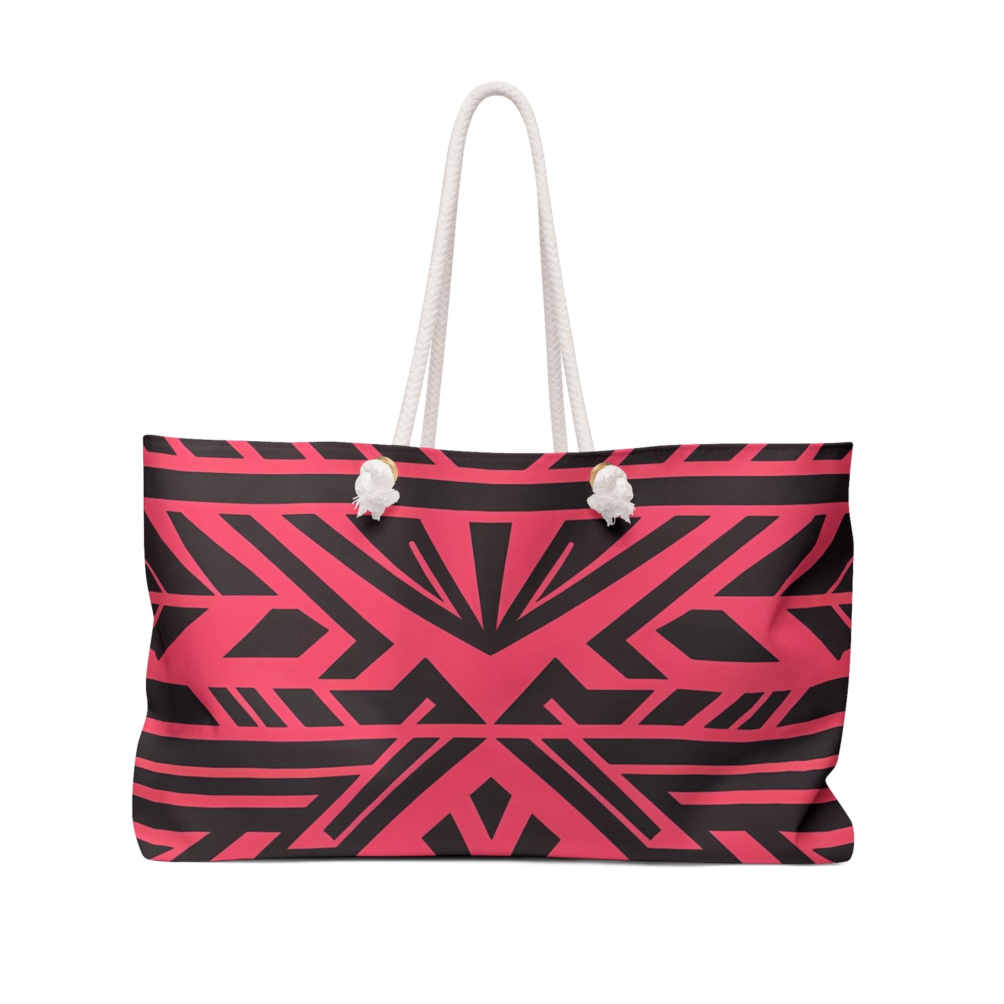 Boho Tribal Oversized Weekender Bag - Black Southwest Design on Pink-Red Background, Travel Accessory - LOLA VEGAS ART