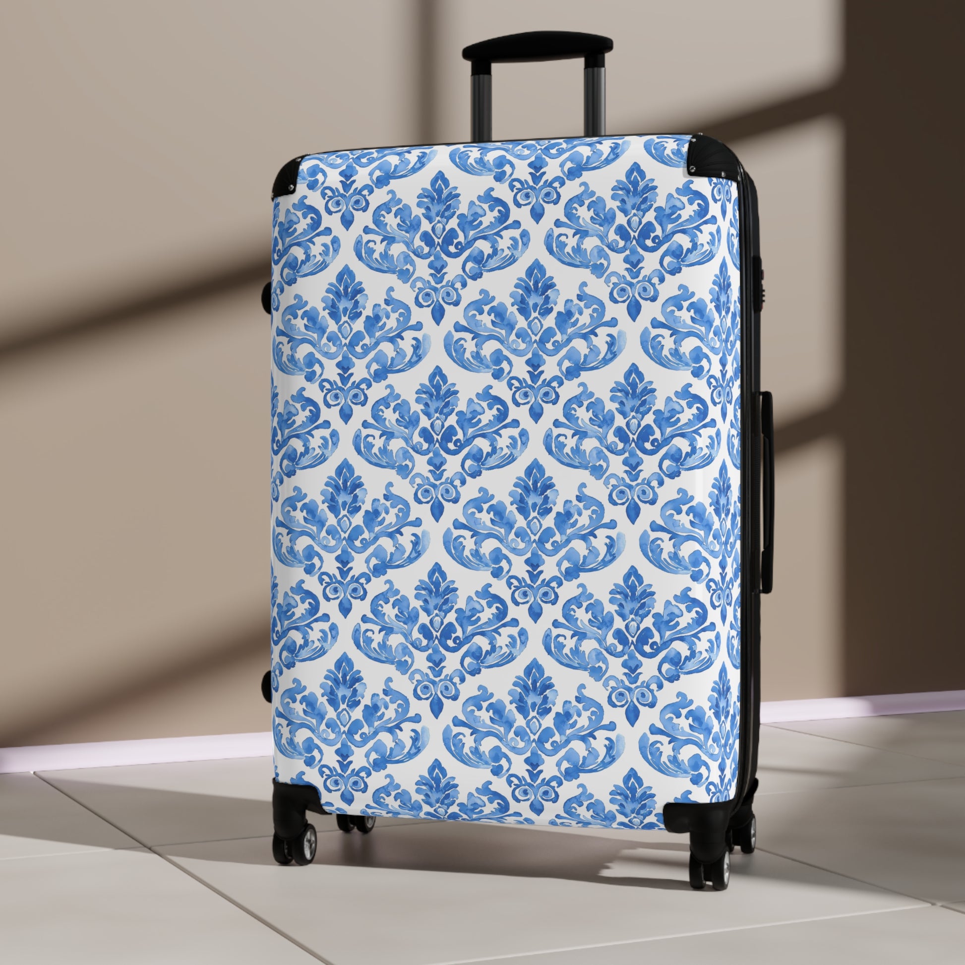 Elegant Blue Damask Suitcase, Travel Luggage for Stylish Adventurers, Perfect for Vacations, Gifts, and Getaways, Elegant Luggage - LOLA VEGAS ART