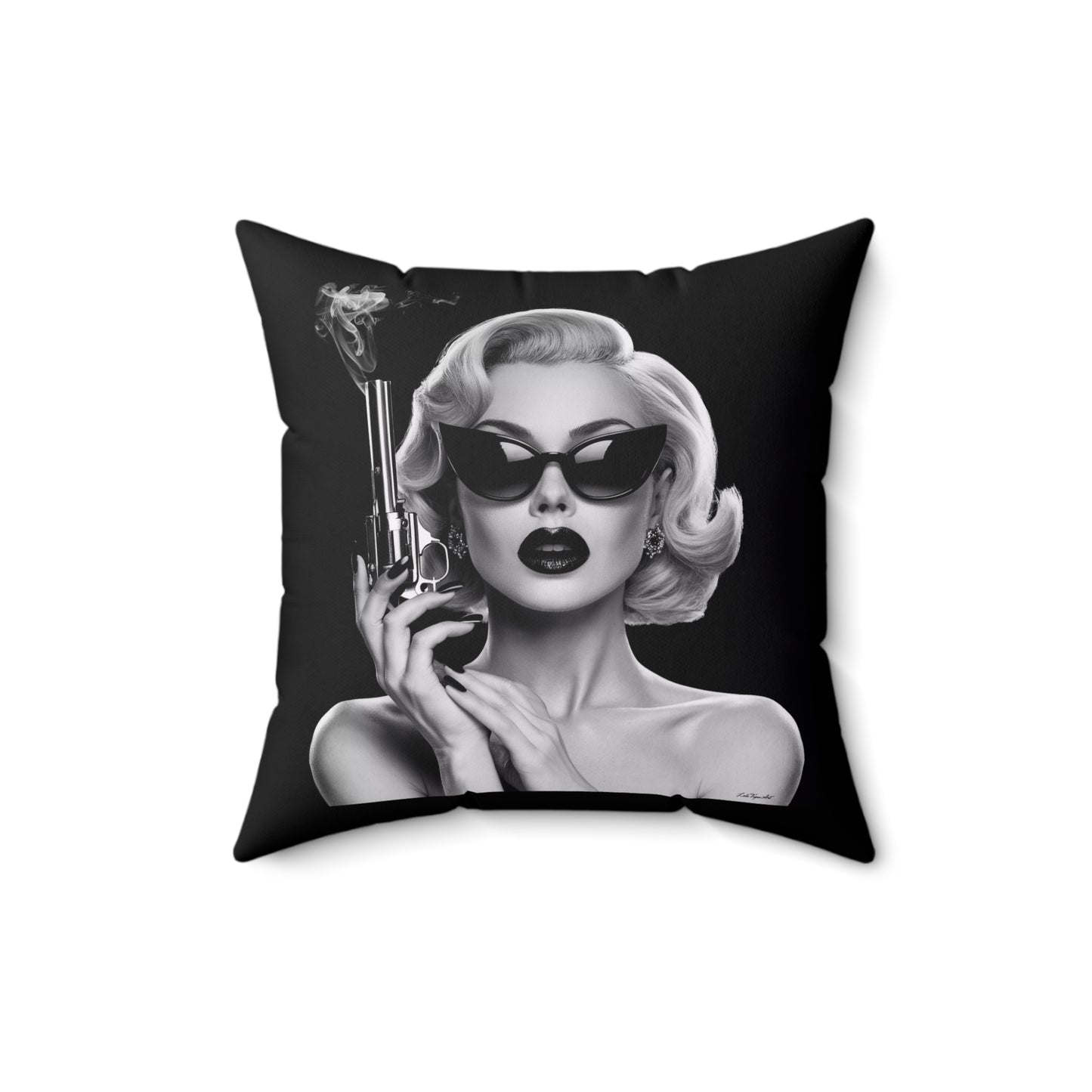Square Pillow, Retro Femme Fatale Smoking Revolver Square Throw Pillow, Film Noir Hollywood Regency Glamorous Home Decor, Black Sunglasses - LOLA VEGAS ART
