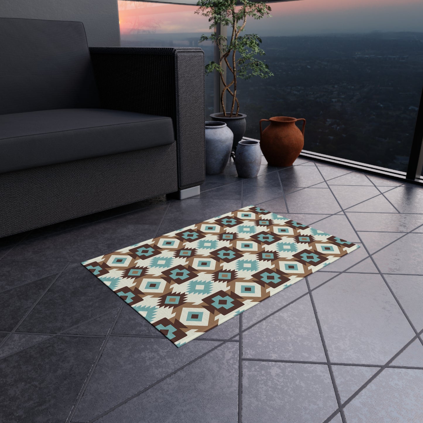 Turquoise, brown, white Stylish Outdoor/Indoor Rug for Patios, Bohemian Decor, Modern Outdoor Living, Picnic Essentials, Garden Party Decor - LOLA VEGAS ART