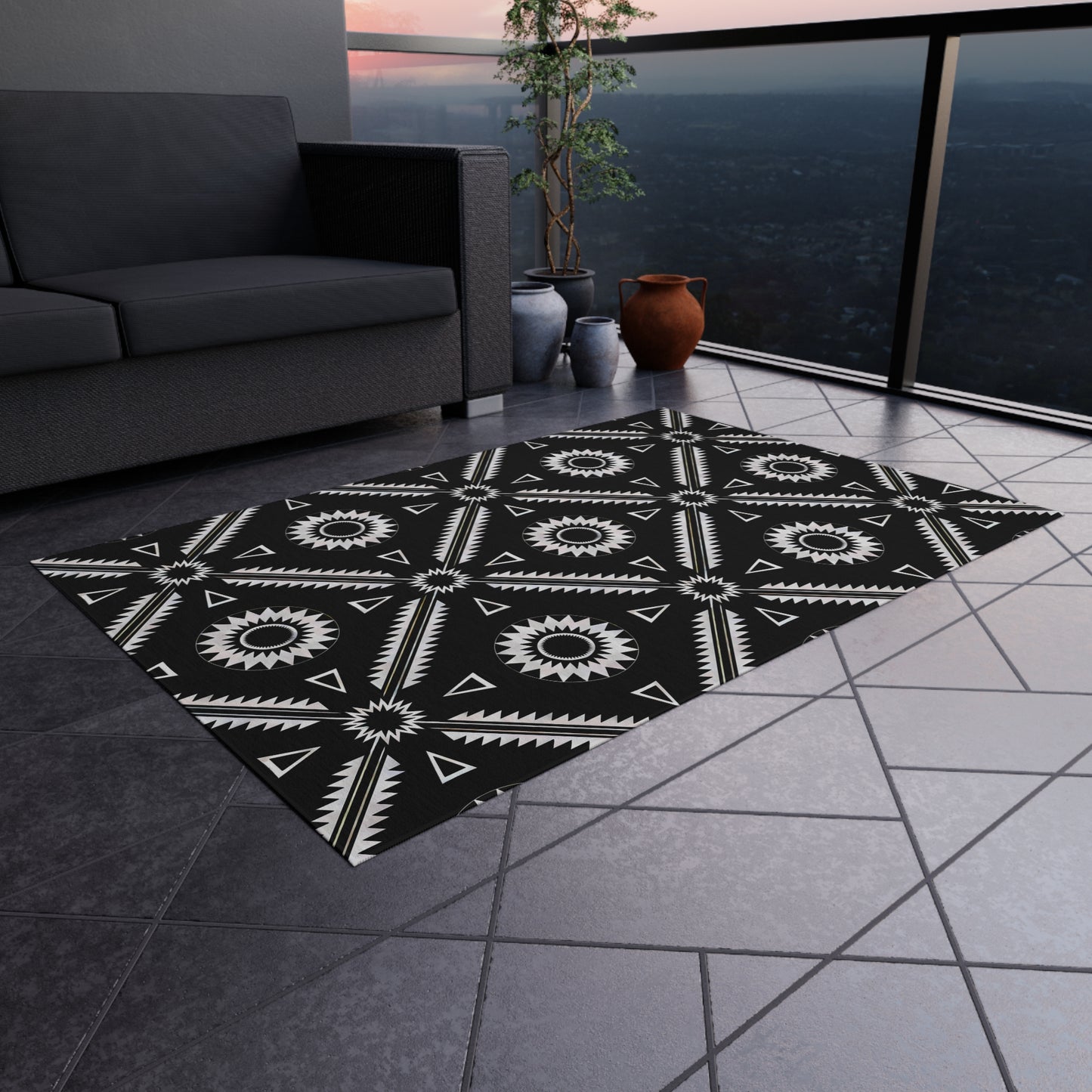 Black and White Southwestern Stylish Outdoor Rug for Patios, Boho Home Decor, Deck Mat, Garden Accent Rug, All-Weather Area Rug - LOLA VEGAS ART